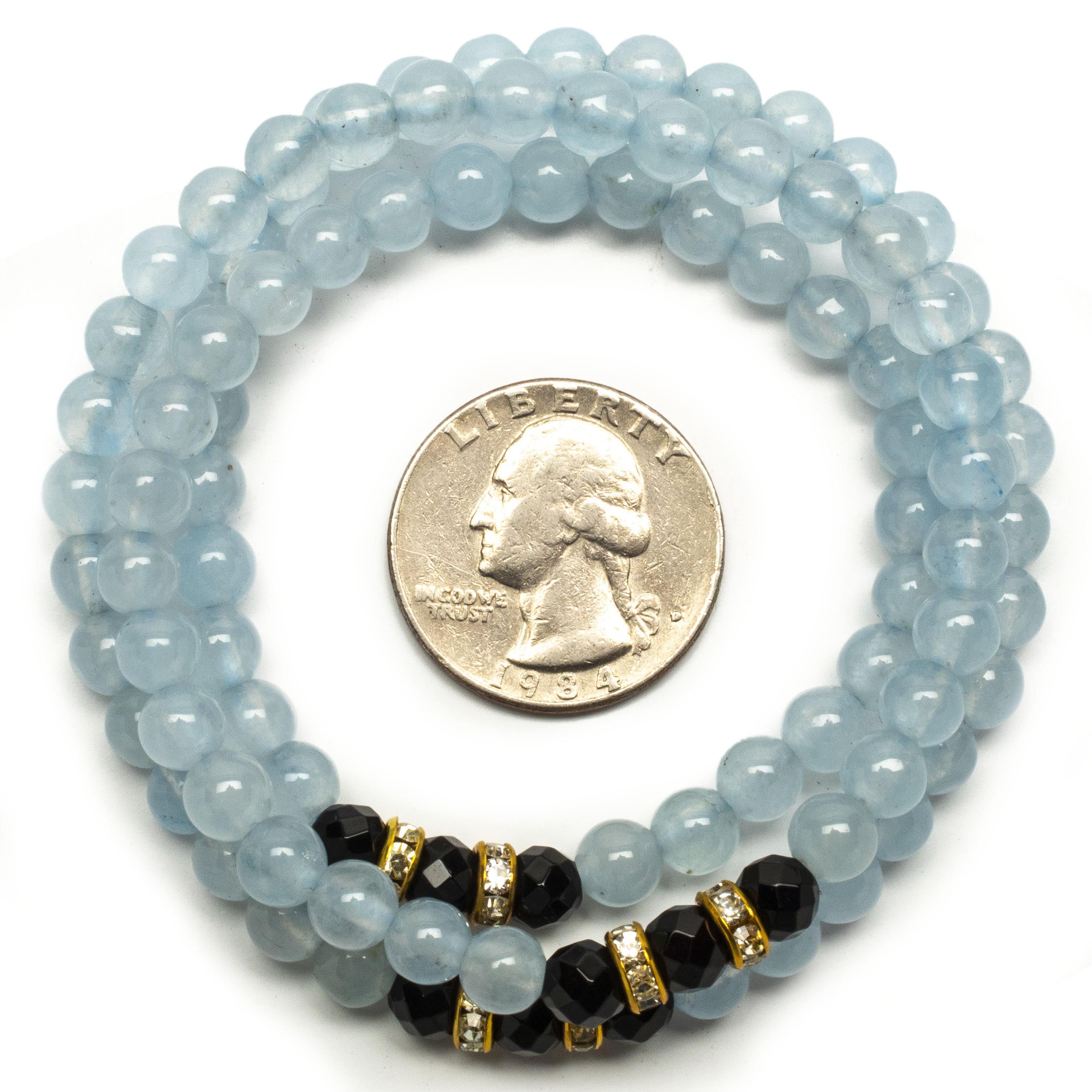 Kalifano Gemstone Bracelets Light Blue Agate Beads with Black Agate and Gold Crystal Accent Beads Triple Wrap Elastic Gemstone Bracelet WHITE-BGI3-019