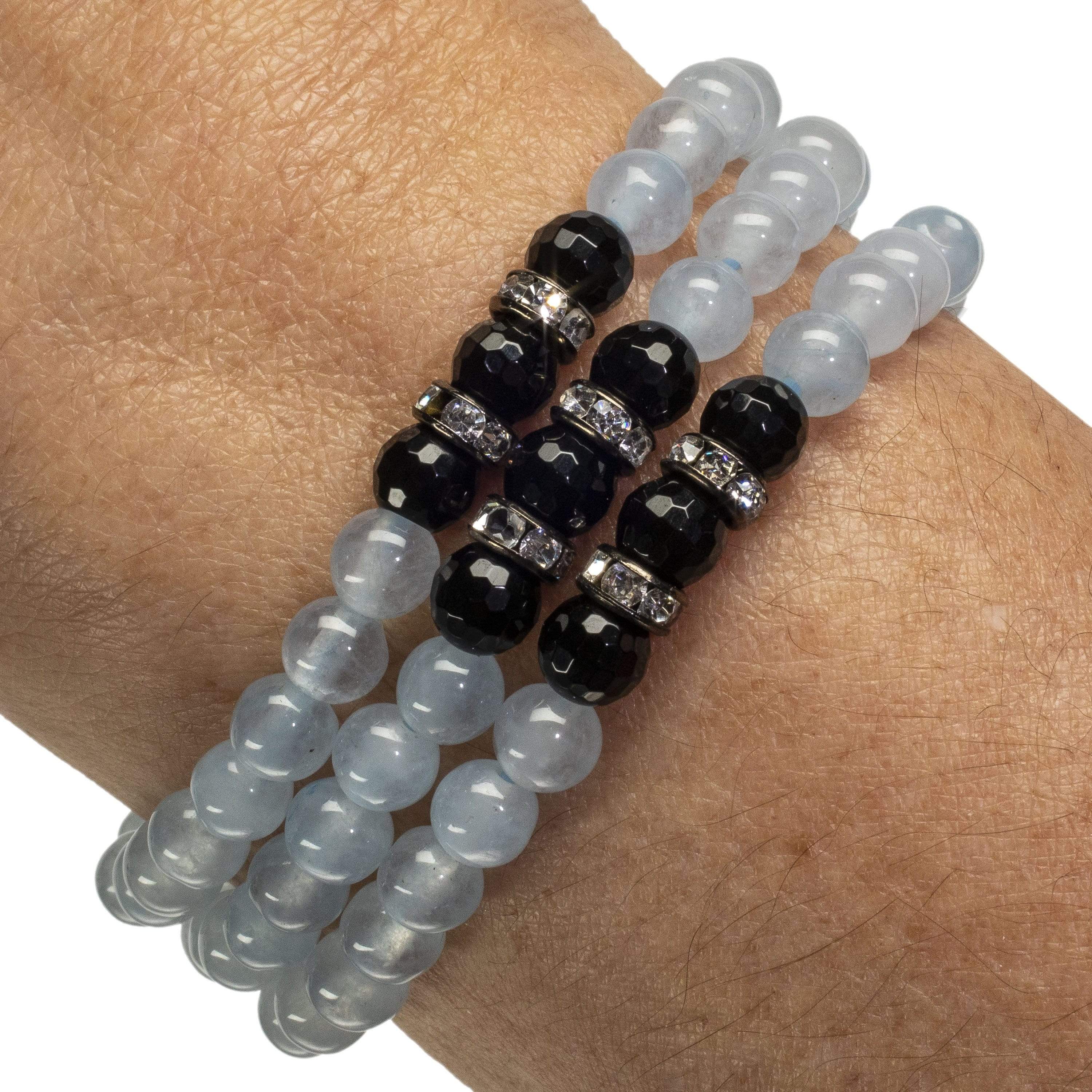 Kalifano Gemstone Bracelets Light Blue Agate Beads with Black Agate and Silver Crystal Accent Beads Triple Wrap Elastic Gemstone Bracelet WHITE-BGI3-018