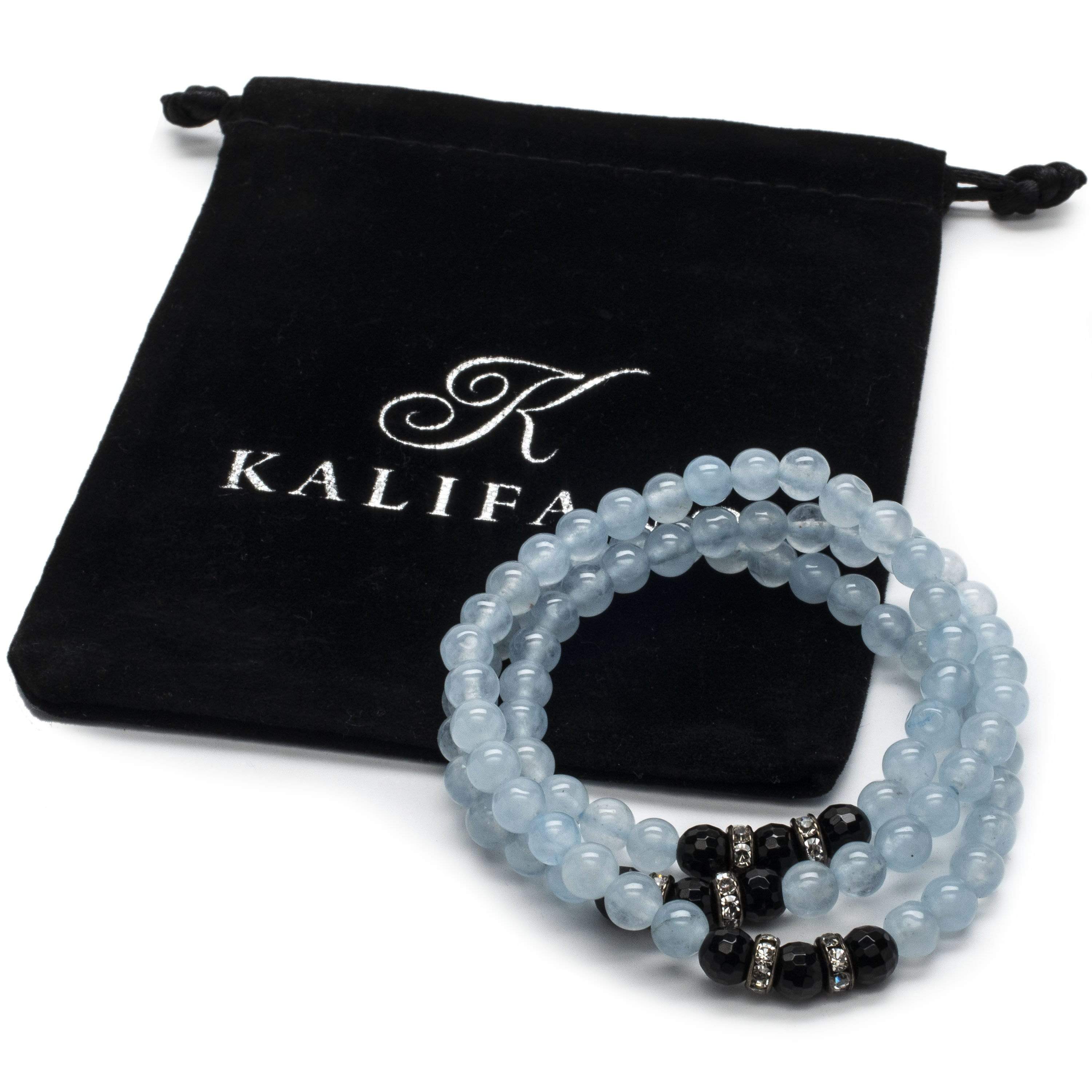 Kalifano Gemstone Bracelets Light Blue Agate Beads with Black Agate and Silver Crystal Accent Beads Triple Wrap Elastic Gemstone Bracelet WHITE-BGI3-018