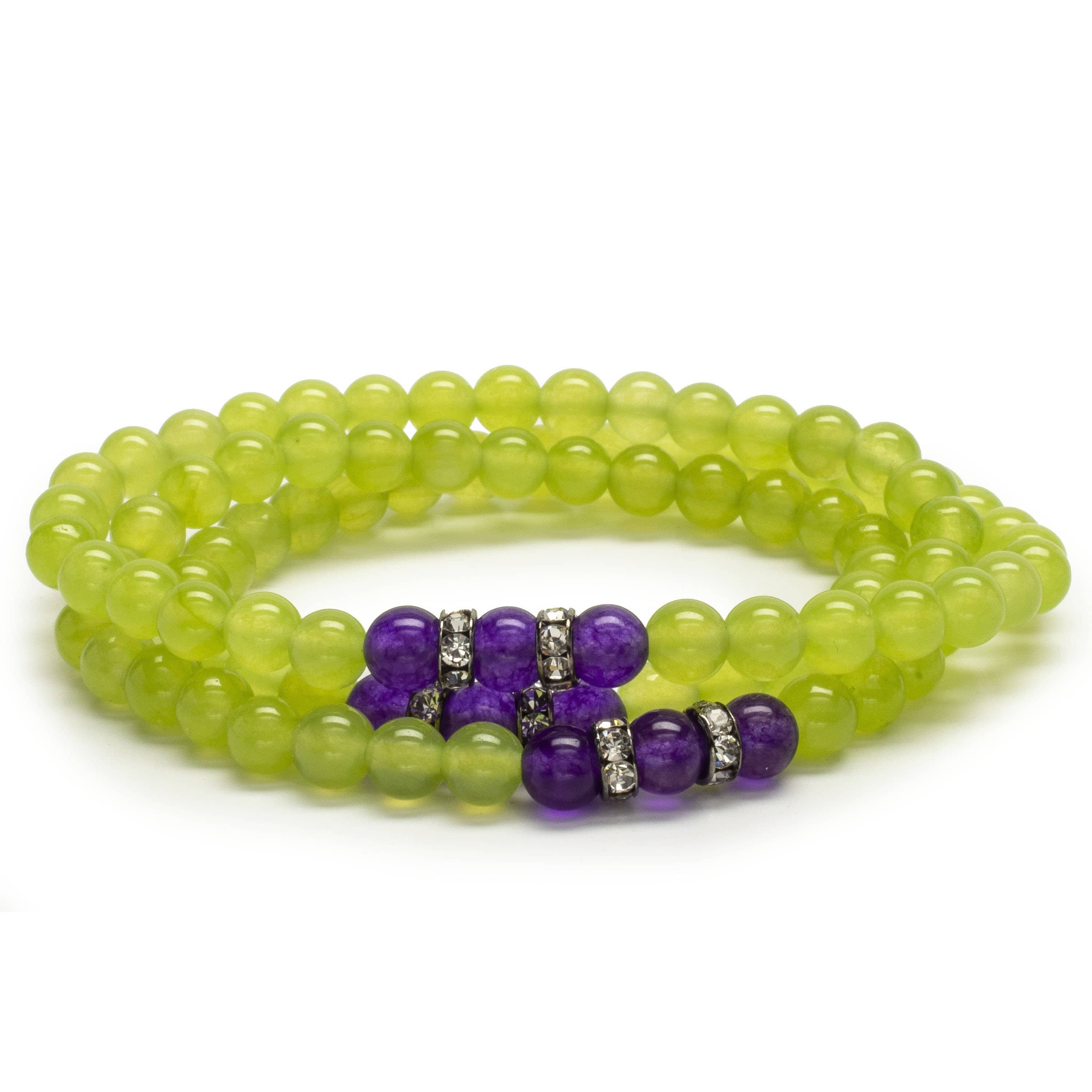 Kalifano Gemstone Bracelets Lime Green Agate 6mm Beads with Amethyst and Crystal Accents Triple Wrap Elastic Gemstone Bracelet WHITE-BGI3-049