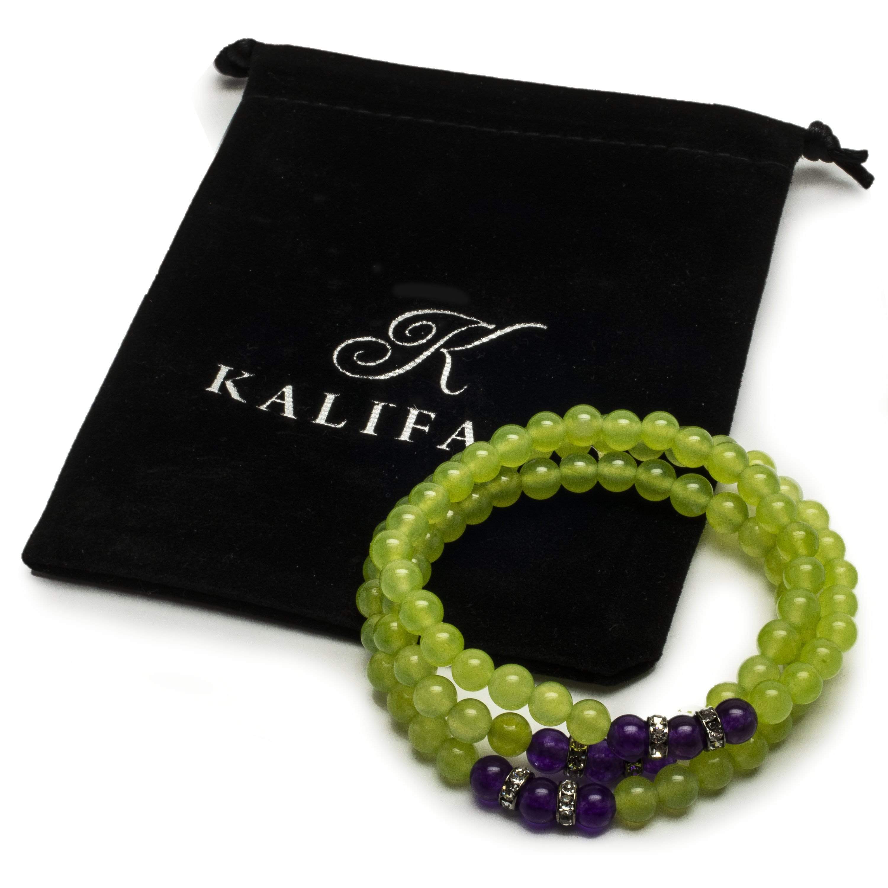 Kalifano Gemstone Bracelets Lime Green Agate 6mm Beads with Amethyst and Crystal Accents Triple Wrap Elastic Gemstone Bracelet WHITE-BGI3-049