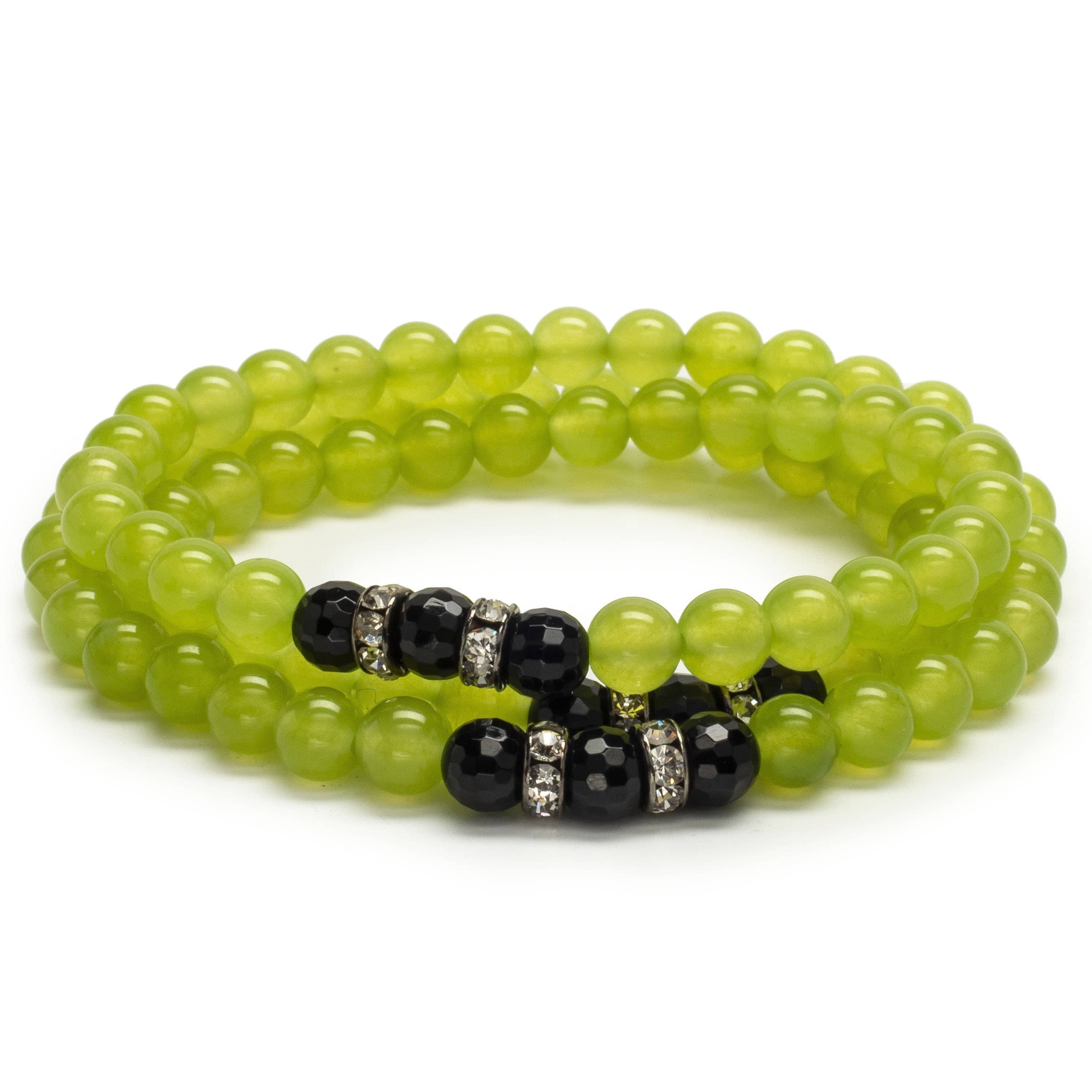 Kalifano Gemstone Bracelets Lime Green Agate 6mm Beads with Black Agate and Crystal Accent Beads Triple Wrap Elastic Gemstone Bracelet WHITE-BGI3-051