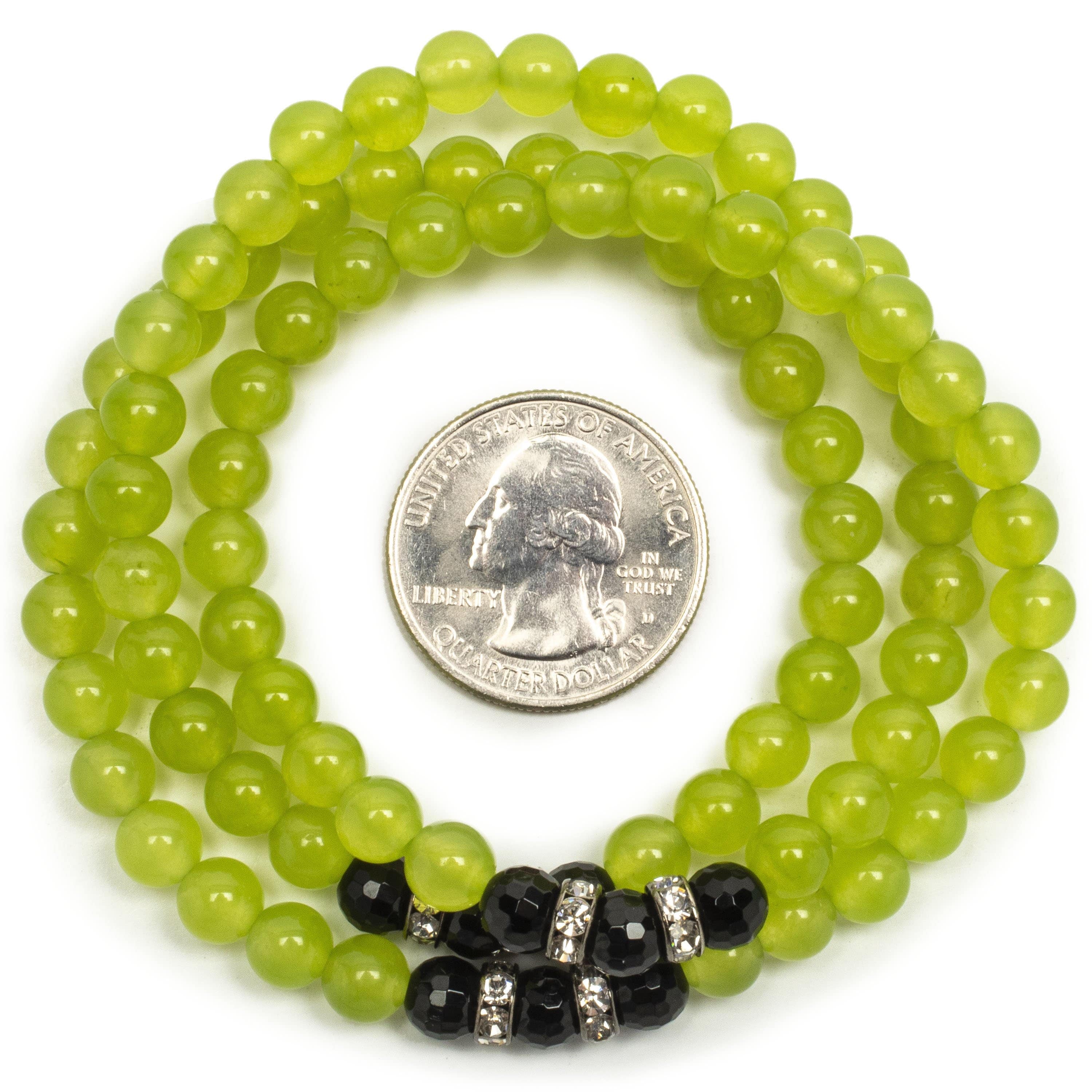 Kalifano Gemstone Bracelets Lime Green Agate 6mm Beads with Black Agate and Crystal Accent Beads Triple Wrap Elastic Gemstone Bracelet WHITE-BGI3-051