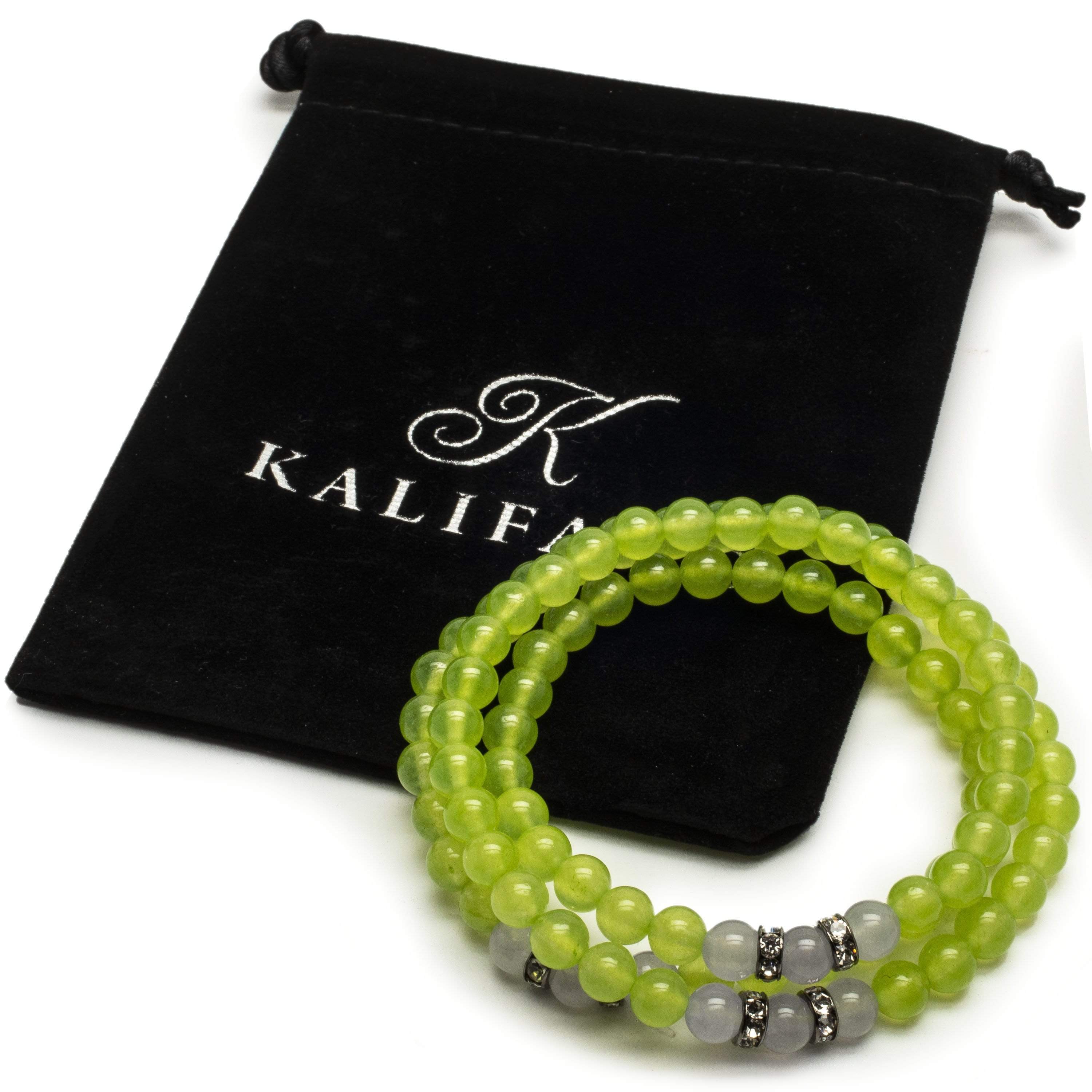 Kalifano Gemstone Bracelets Lime Green Agate 6mm Beads with Lavender Agate and Crystal Accent Beads Triple Wrap Elastic Gemstone Bracelet WHITE-BGI3-047