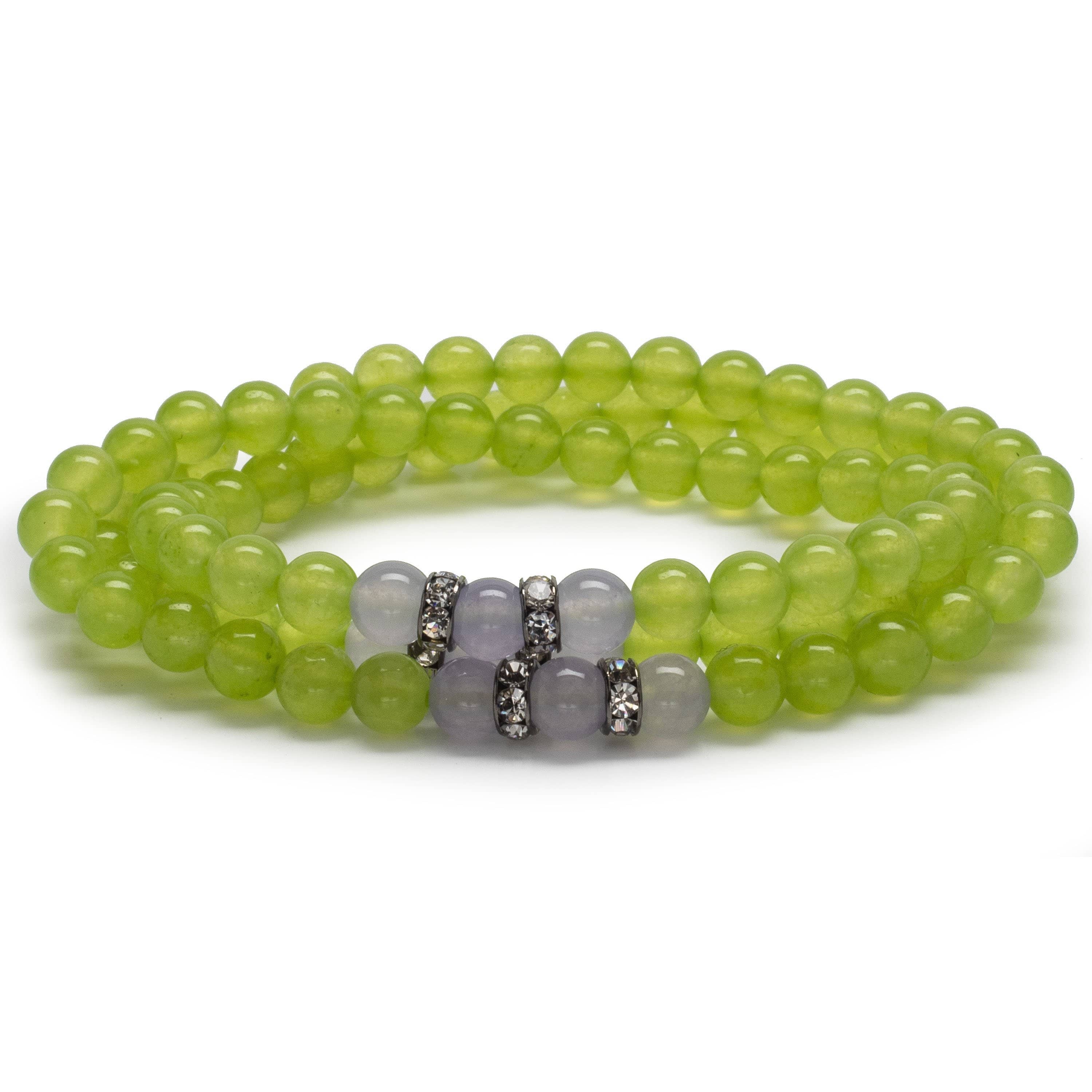 Kalifano Gemstone Bracelets Lime Green Agate 6mm Beads with Lavender Agate and Crystal Accent Beads Triple Wrap Elastic Gemstone Bracelet WHITE-BGI3-047