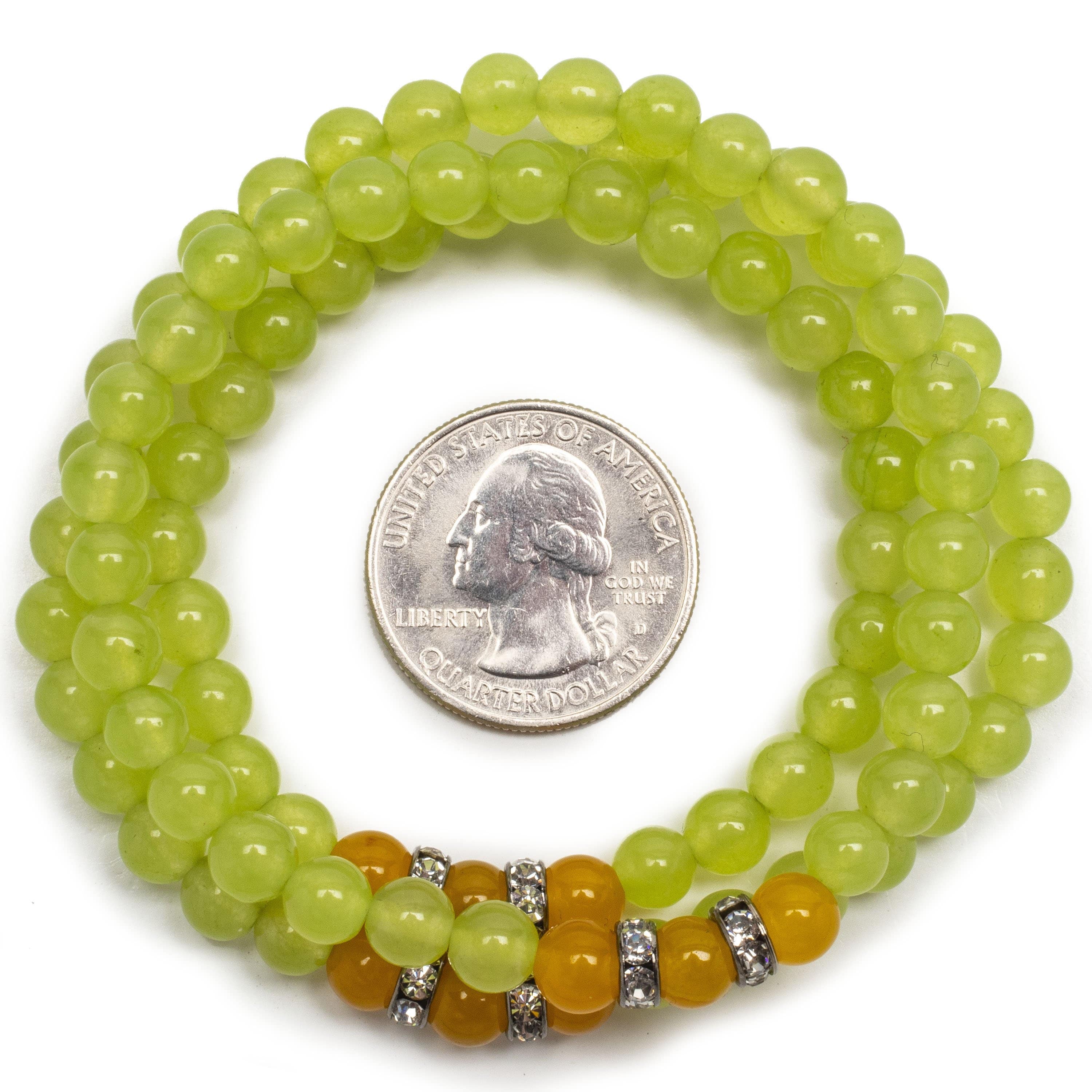 Kalifano Gemstone Bracelets Lime Green Agate 6mm Beads with Yellow Agate and Crystal Accent Beads Triple Wrap Elastic Gemstone Bracelet WHITE-BGI3-044