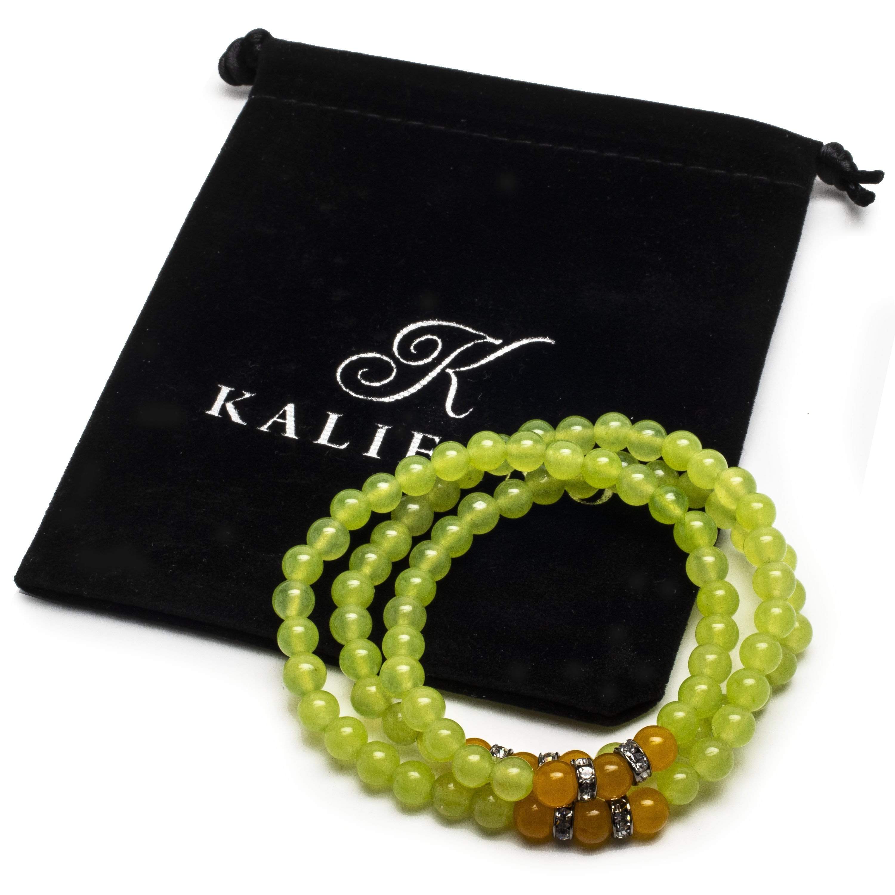 Kalifano Gemstone Bracelets Lime Green Agate 6mm Beads with Yellow Agate and Crystal Accent Beads Triple Wrap Elastic Gemstone Bracelet WHITE-BGI3-044