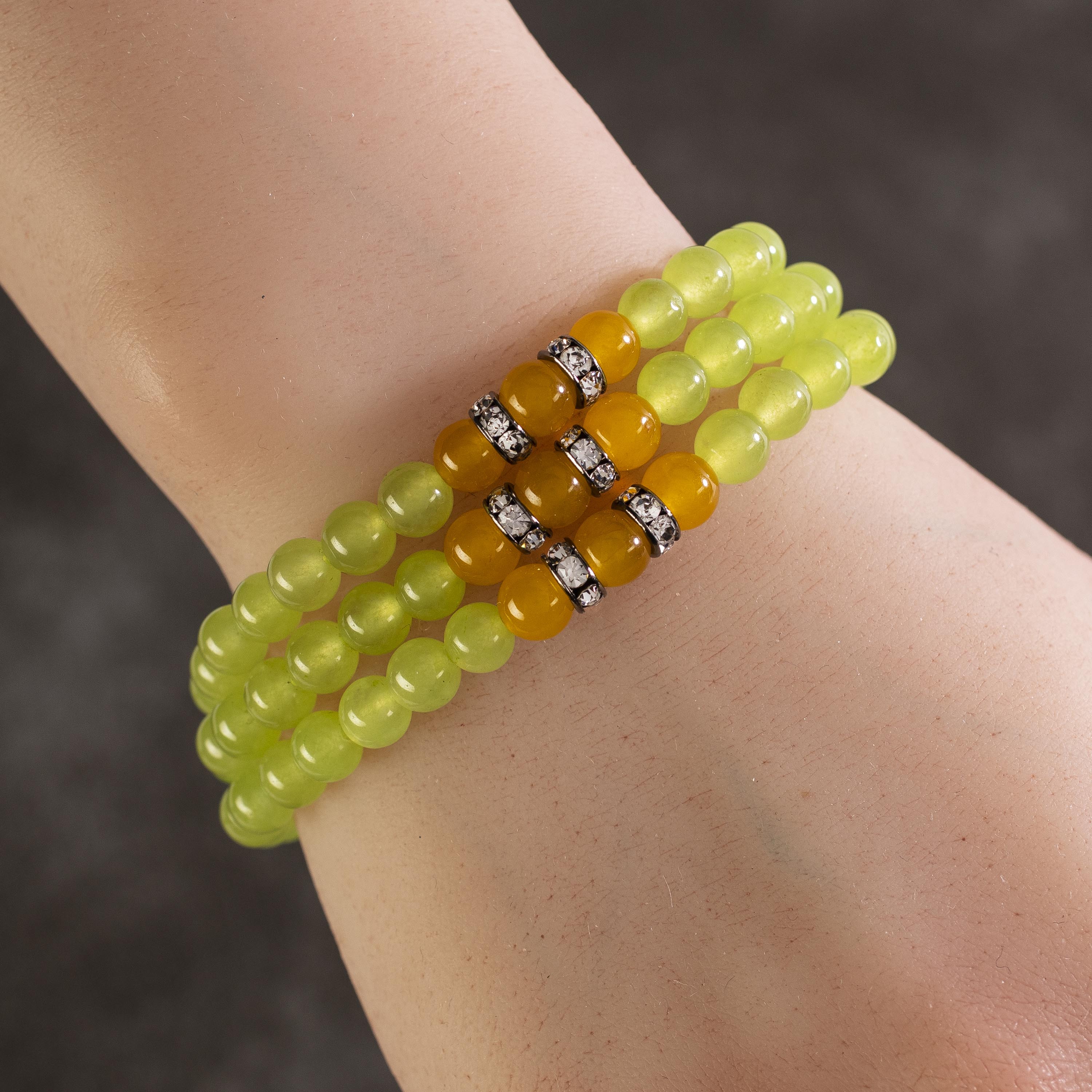 Kalifano Gemstone Bracelets Lime Green Agate 6mm Beads with Yellow Agate and Crystal Accent Beads Triple Wrap Elastic Gemstone Bracelet WHITE-BGI3-044