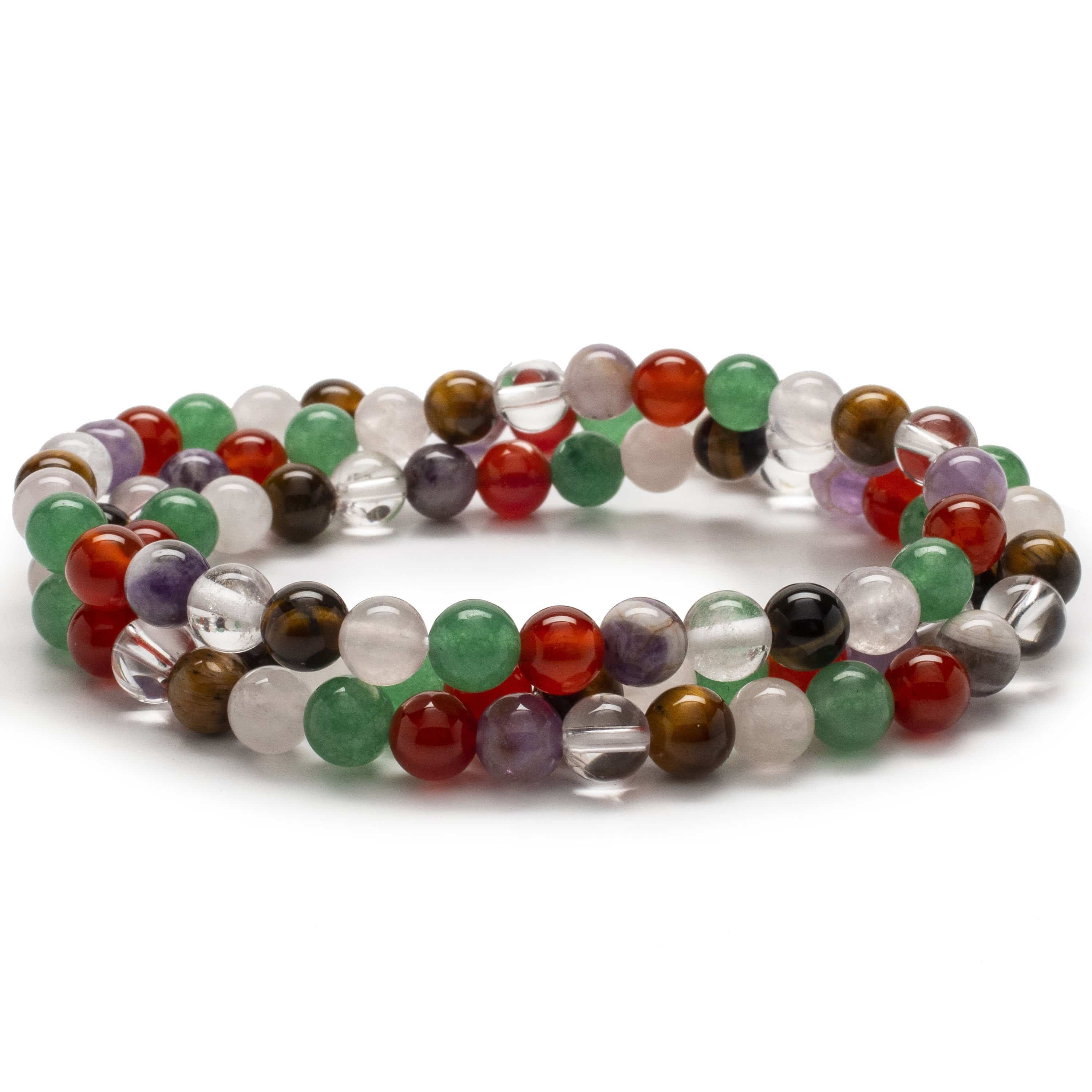 Kalifano Gemstone Bracelets Multi-Gemstone 6mm Bead Triple Wrap Elastic Bracelet WHITE-BGI3-001