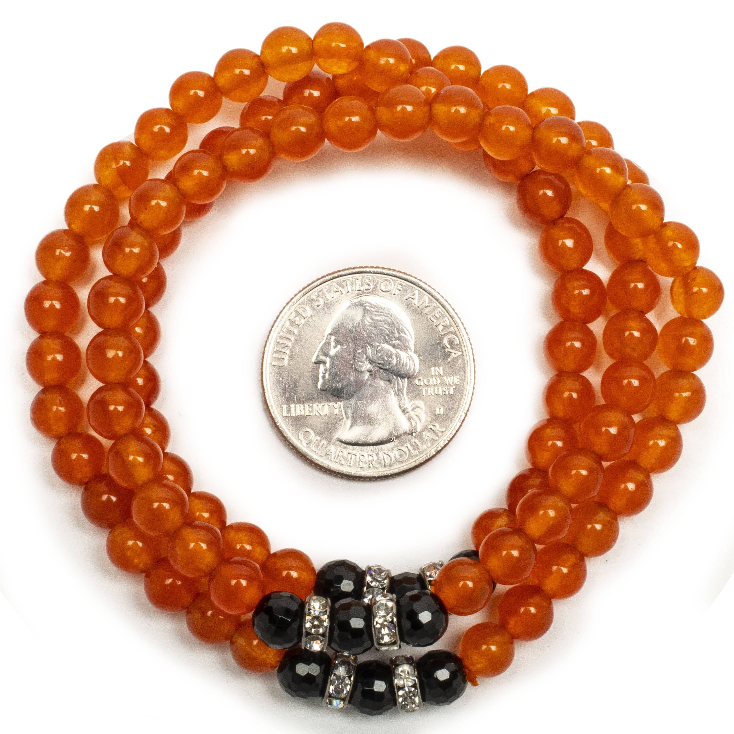 Kalifano Gemstone Bracelets Orange Agate 6mm Beads with Black Agate and Silver Crystal Accent Beads Triple Wrap Elastic Gemstone Bracelet WHITE-BGI3-060