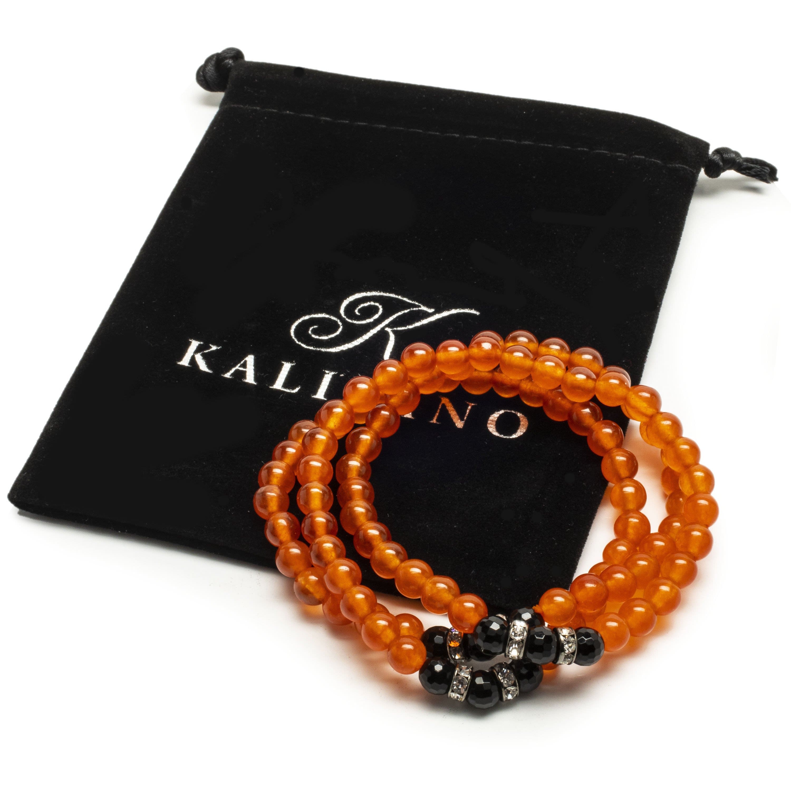 Kalifano Gemstone Bracelets Orange Agate 6mm Beads with Black Agate and Silver Crystal Accent Beads Triple Wrap Elastic Gemstone Bracelet WHITE-BGI3-060