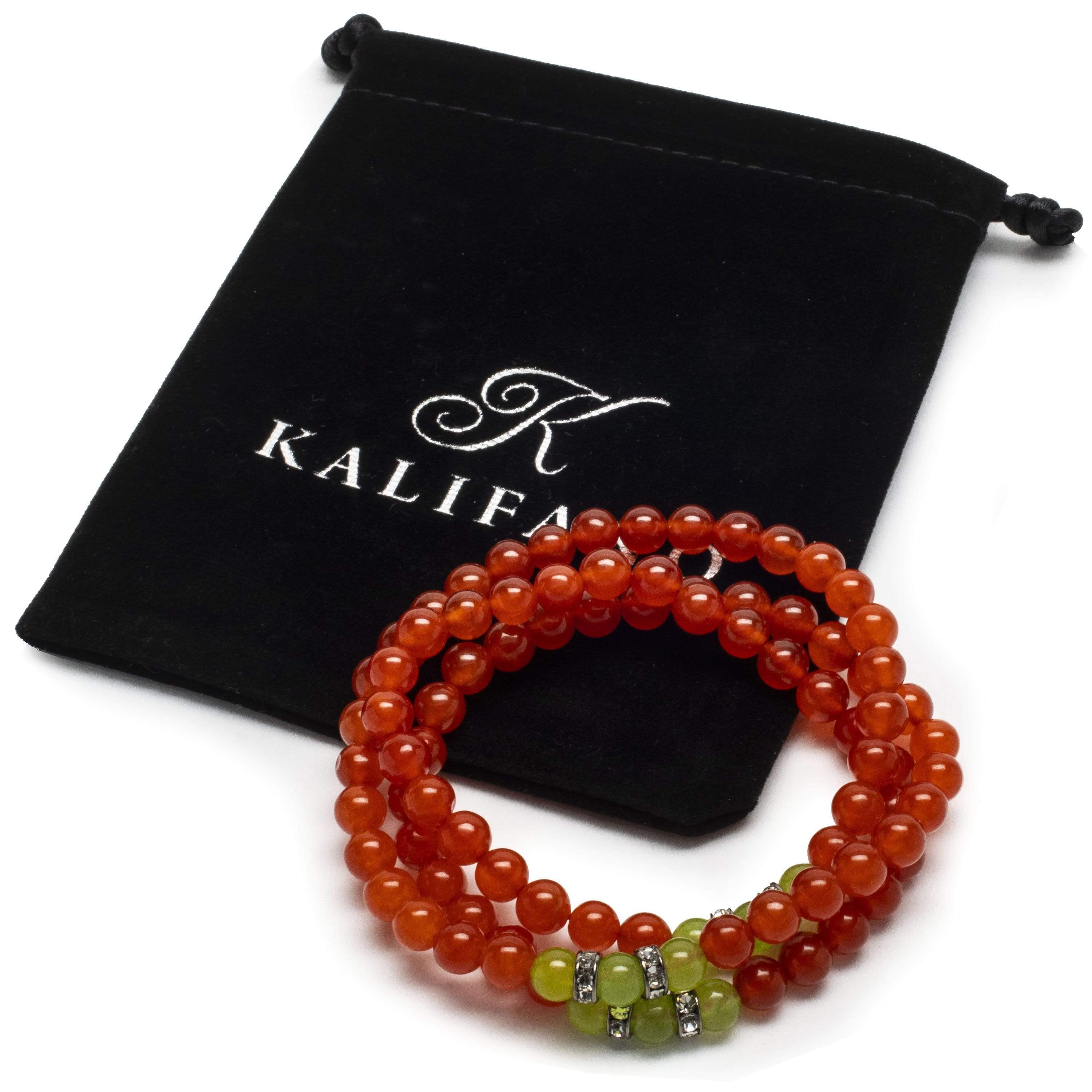 Kalifano Gemstone Bracelets Orange Agate 6mm Beads with Green Agate and Crystal Accent Beads Triple Wrap Elastic Gemstone Bracelet WHITE-BGI3-031