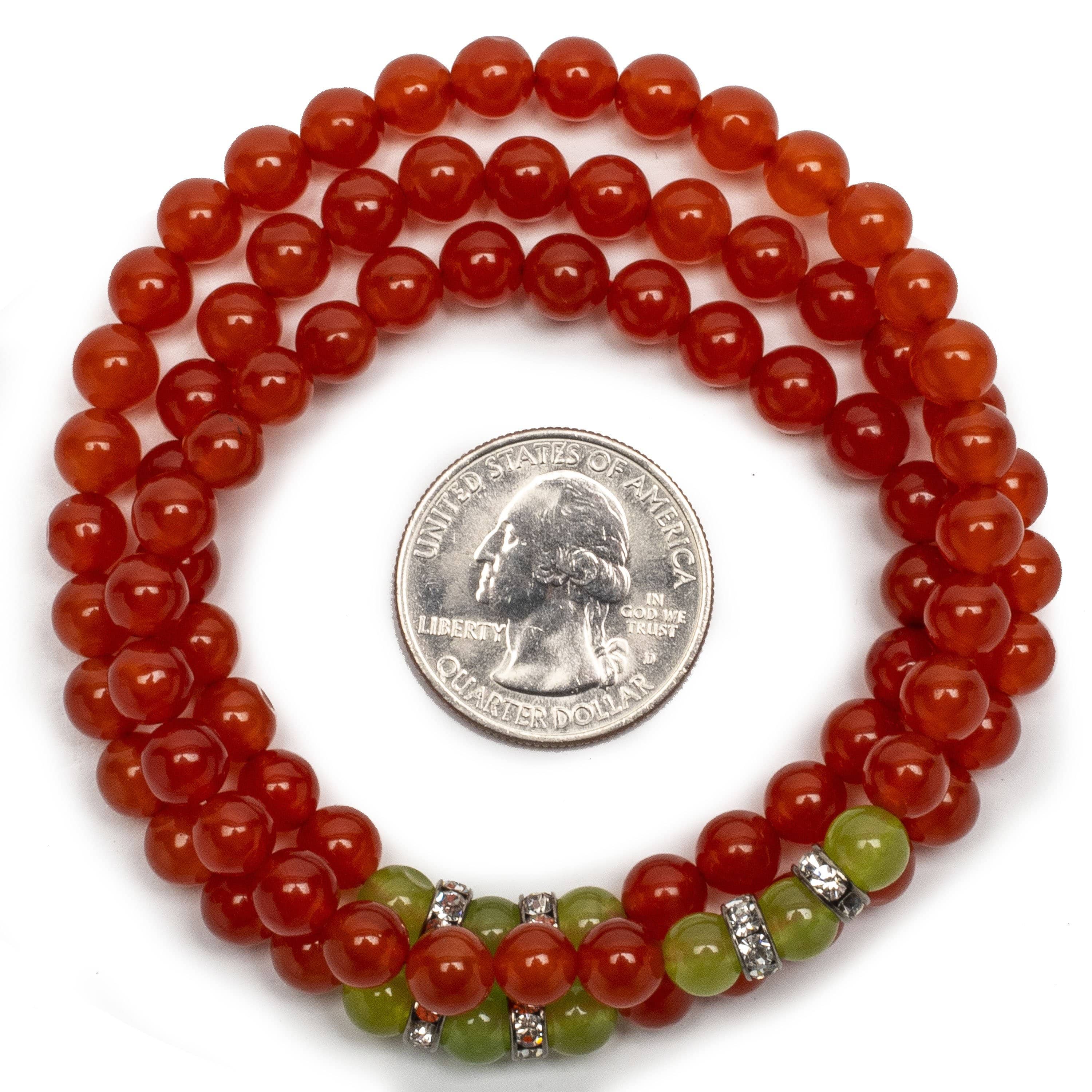 Kalifano Gemstone Bracelets Orange Agate 6mm Beads with Green Agate and Crystal Accent Beads Triple Wrap Elastic Gemstone Bracelet WHITE-BGI3-031