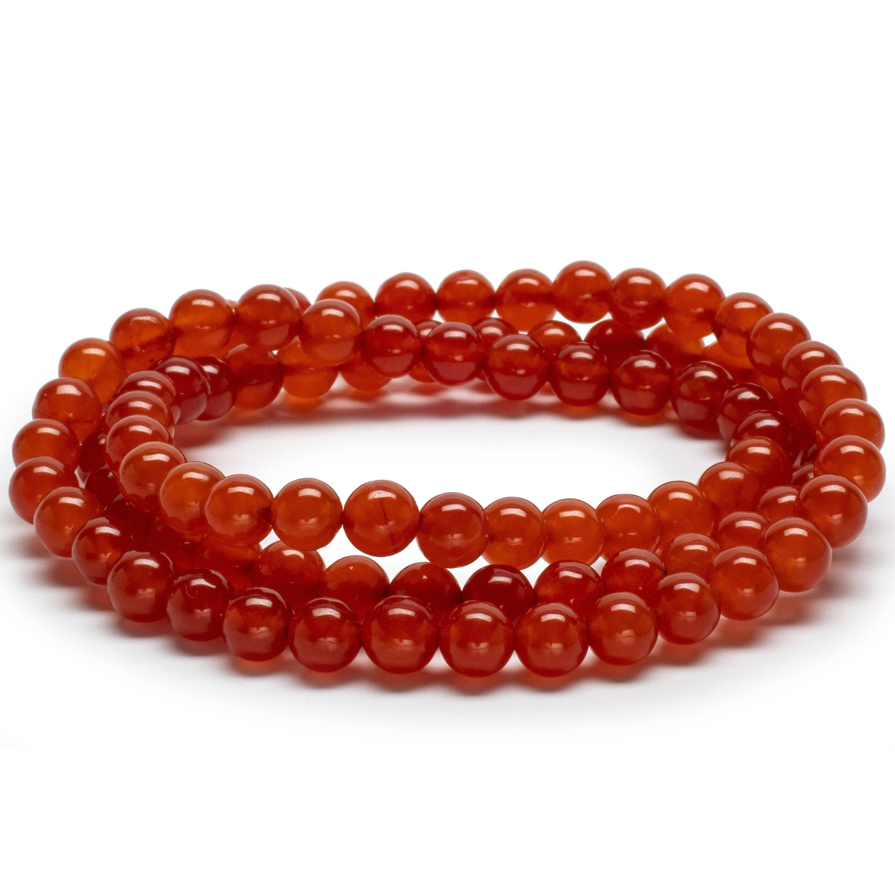 Kalifano Gemstone Bracelets Orange Agate 6mm Gemstone Bead Triple Wrap Elastic Gemstone Bracelet WHITE-BGI3-029