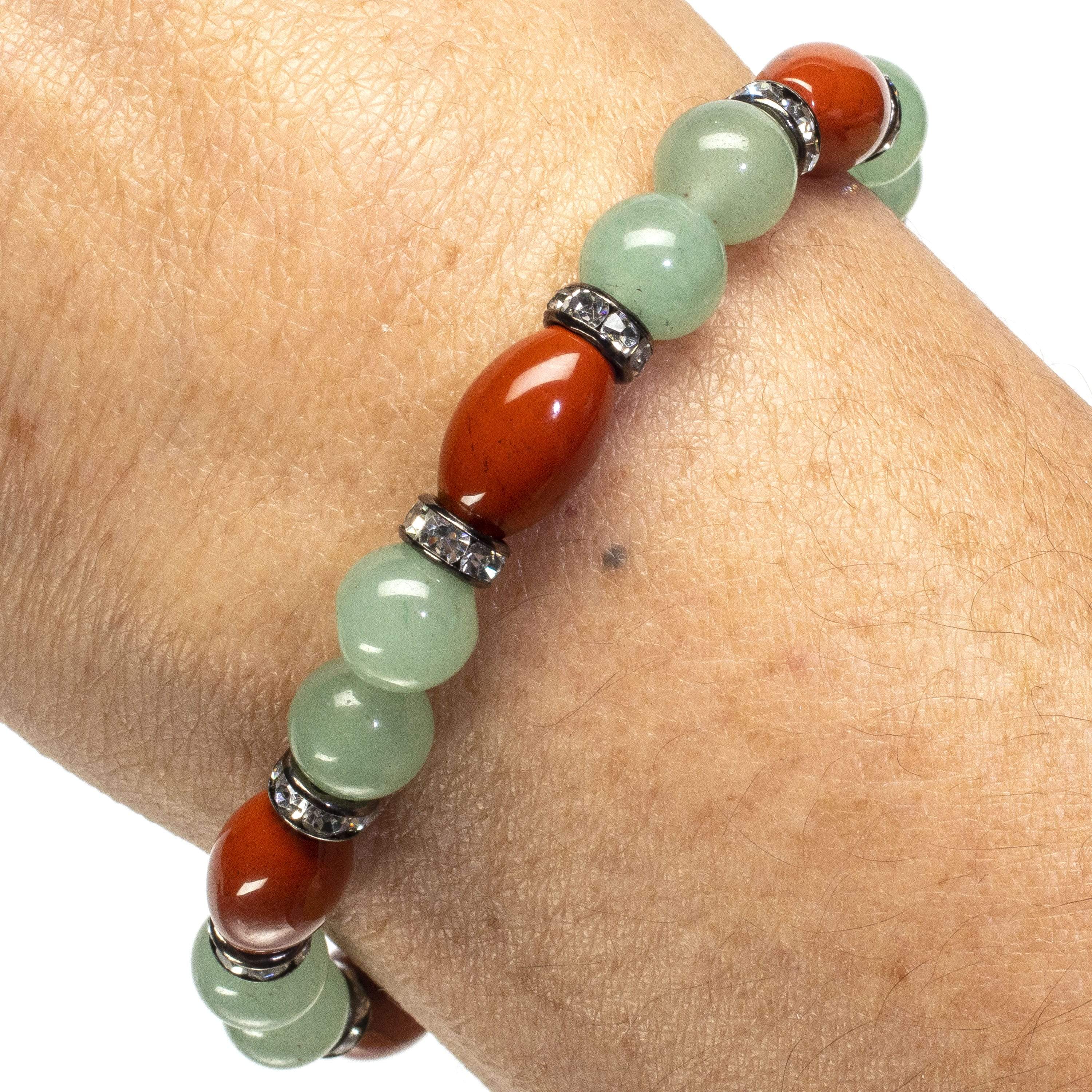 Kalifano Gemstone Bracelets Oval Carnelian with Round Aventurine Beads and Crystal Accents Gemstone Elastic Bracelet WHITE-BGP-031