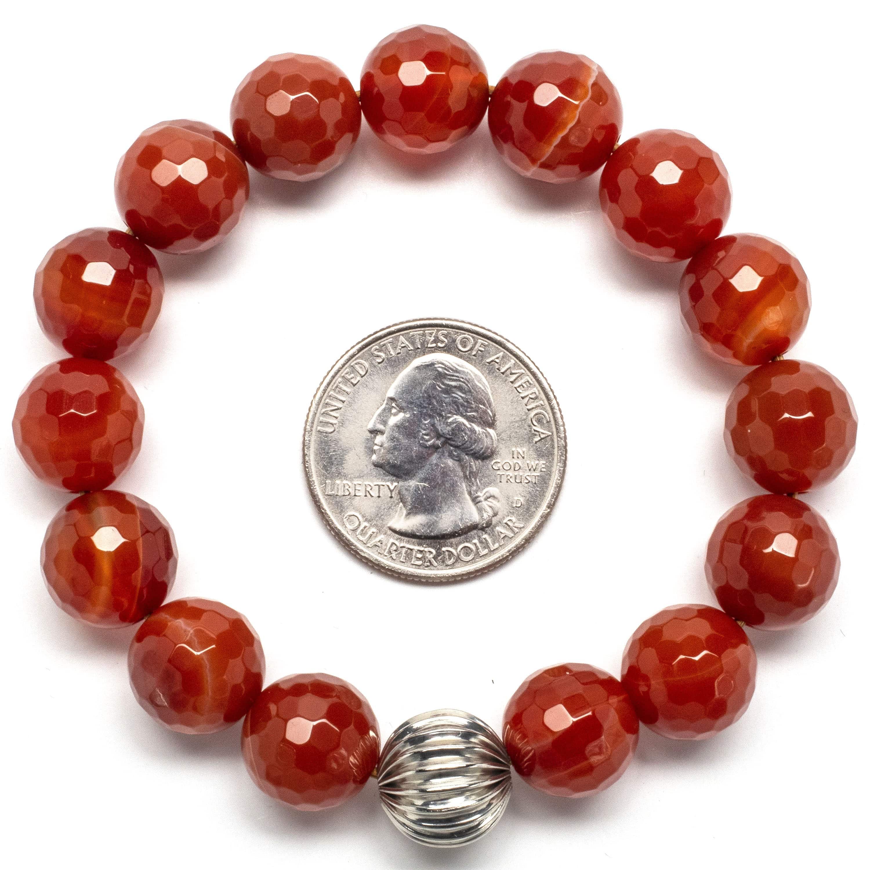 Kalifano Gemstone Bracelets PLAT-BGP-014 - Faceted Carnelian 12mm Gemstone Bead Elastic Bracelet with Silver Accent Bead PLAT-BGP-014