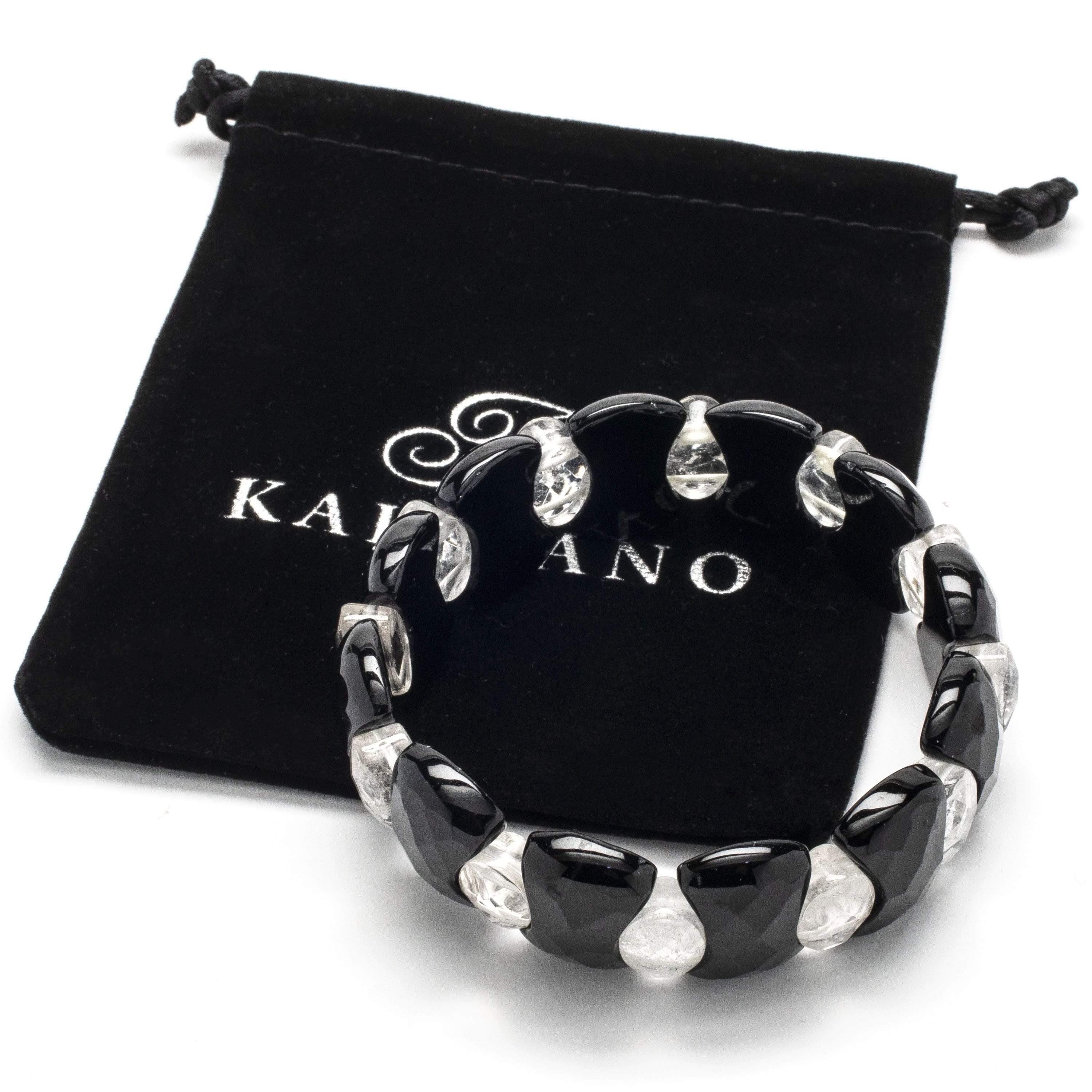 Kalifano Gemstone Bracelets PLAT-BGP-015 - Faceted Black Agate with Quartz Oval Accents Gemstone Elastic Bracelet PLAT-BGP-015