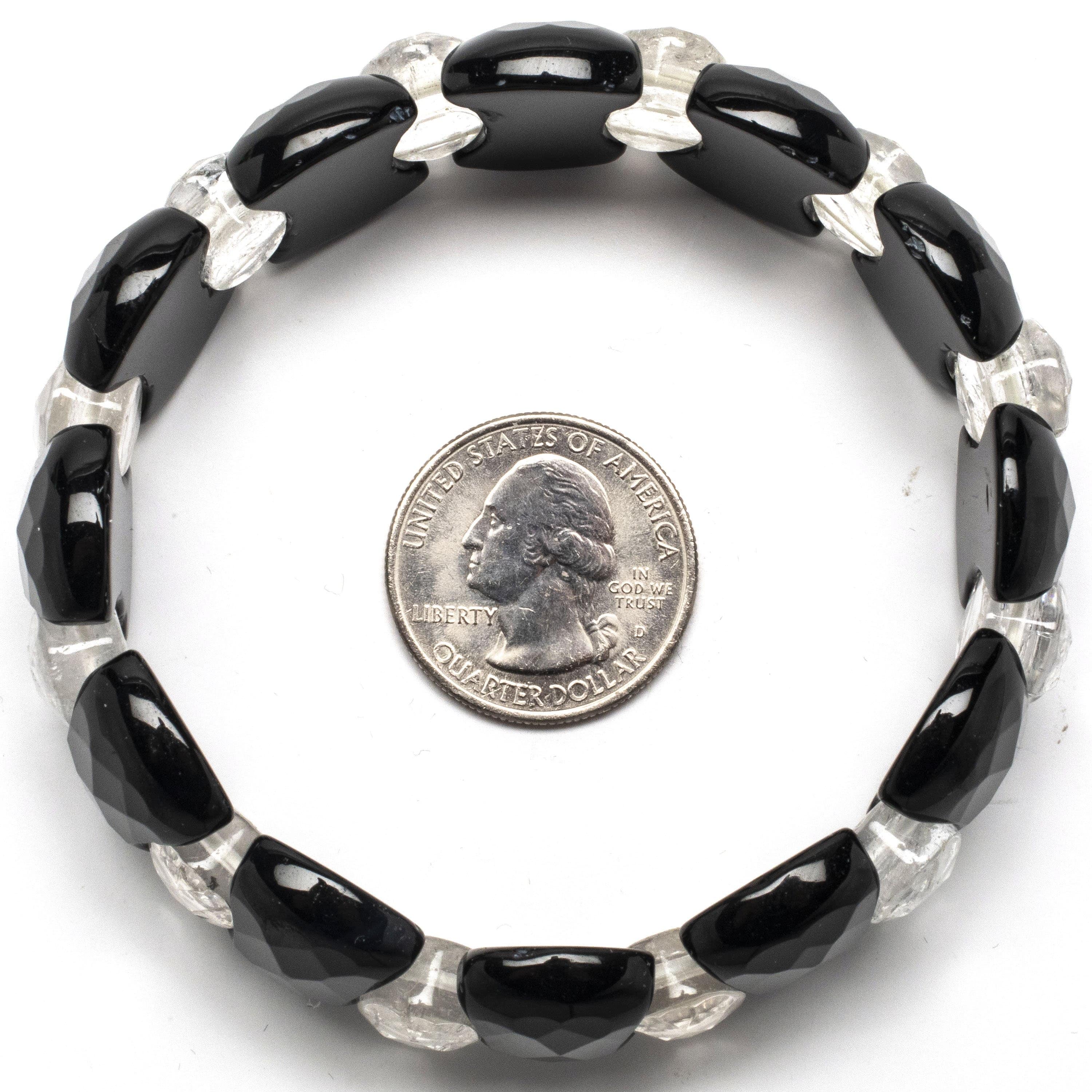 Kalifano Gemstone Bracelets PLAT-BGP-015 - Faceted Black Agate with Quartz Oval Accents Gemstone Elastic Bracelet PLAT-BGP-015