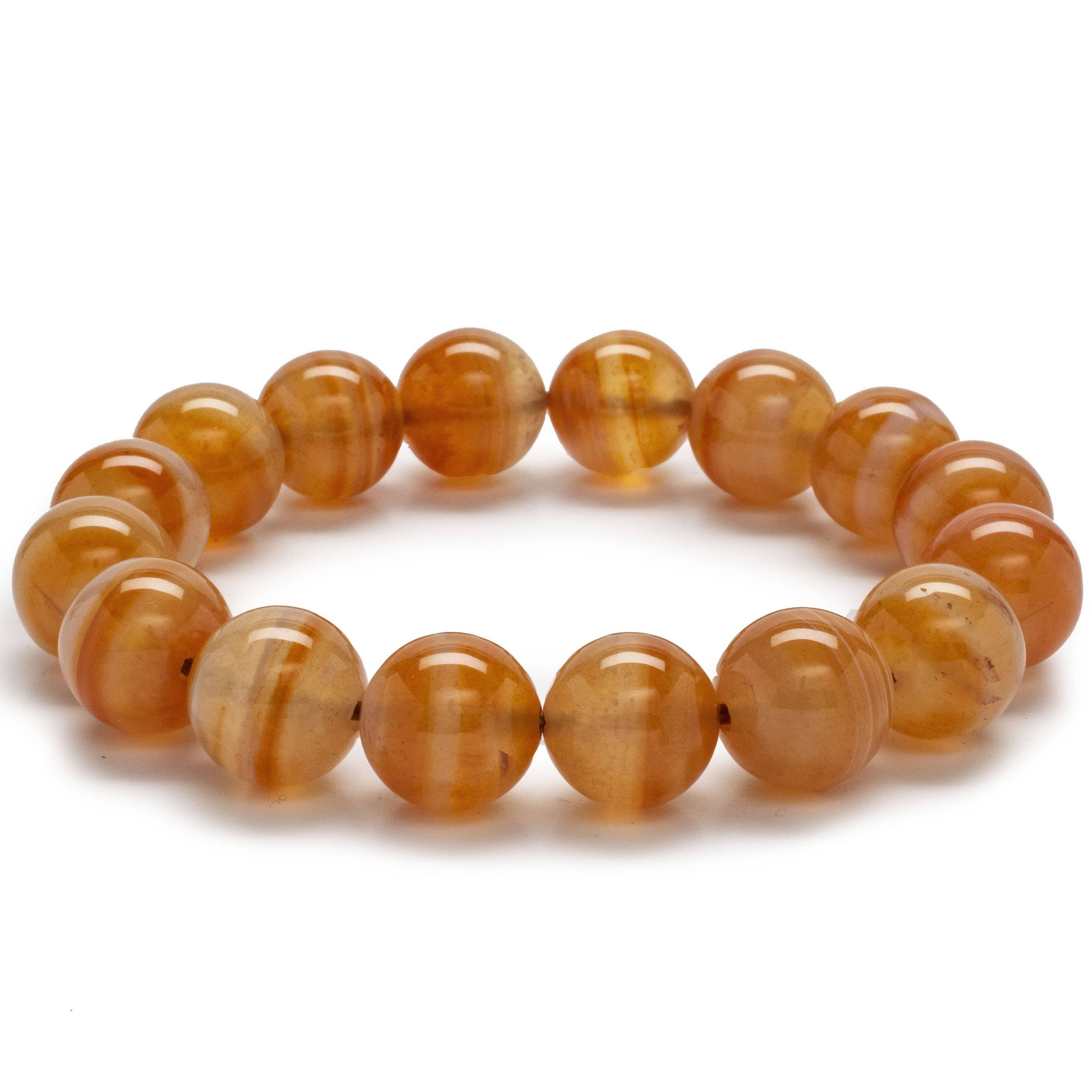 Kalifano Gemstone Bracelets Polished Banded Carnelian 12mm Gemstone Bead Elastic Bracelet RED-BGP-015