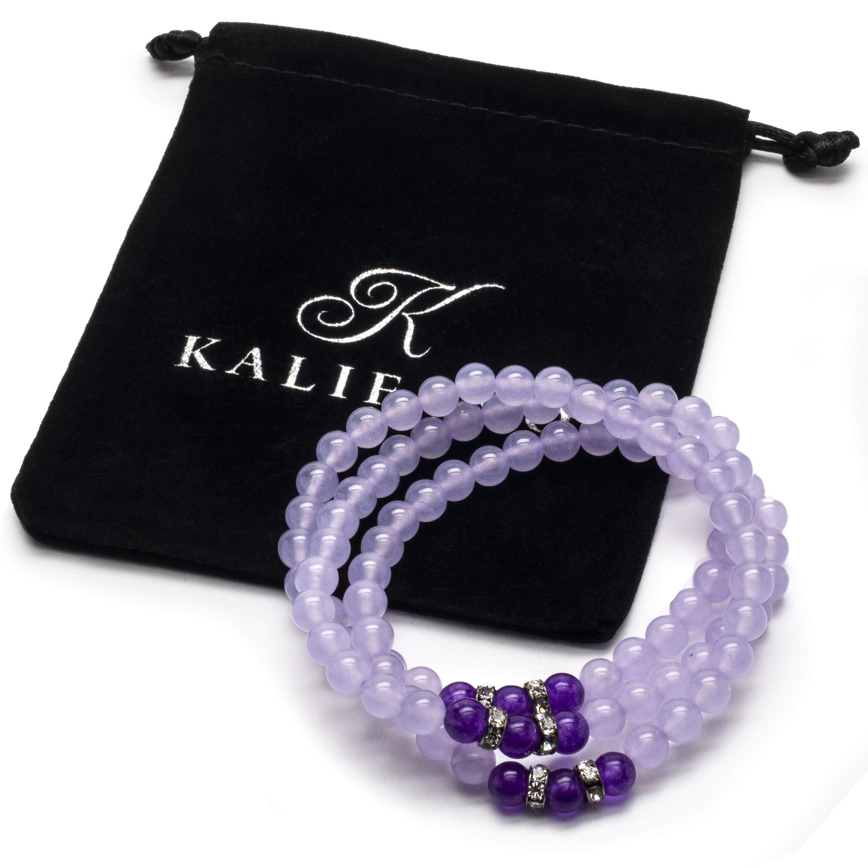 Kalifano Gemstone Bracelets Purple Agate 6mm Beads with Amethyst and Crystal Accent Beads Triple Wrap Elastic Gemstone Bracelet WHITE-BGI3-026