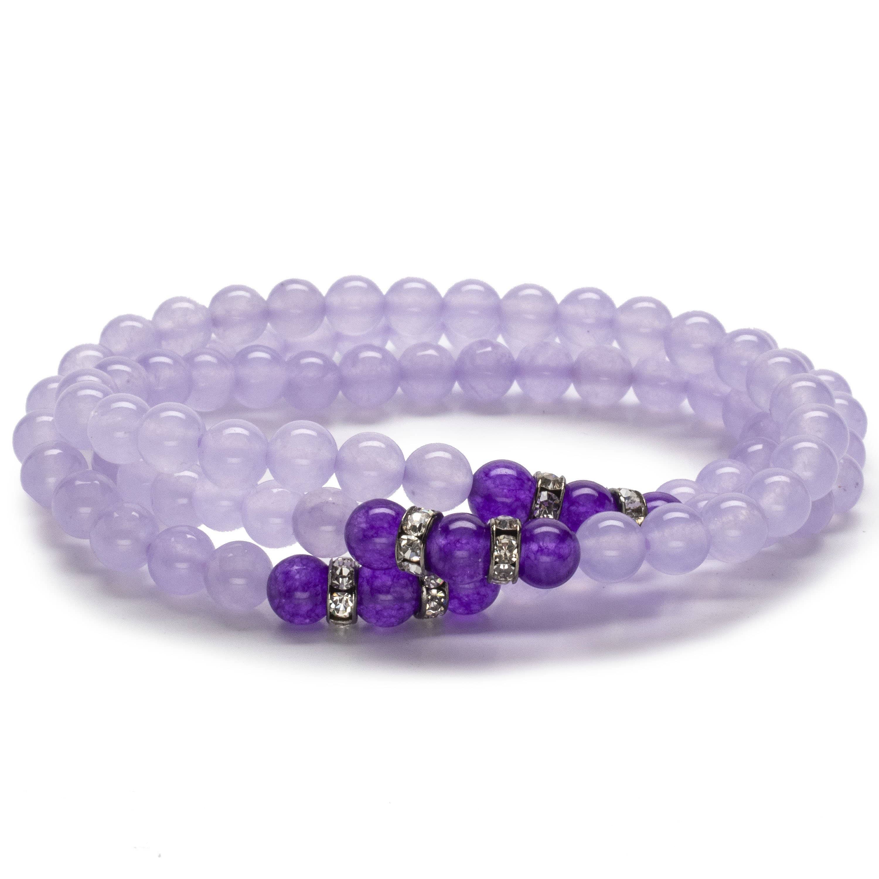 Kalifano Gemstone Bracelets Purple Agate 6mm Beads with Amethyst and Crystal Accent Beads Triple Wrap Elastic Gemstone Bracelet WHITE-BGI3-026