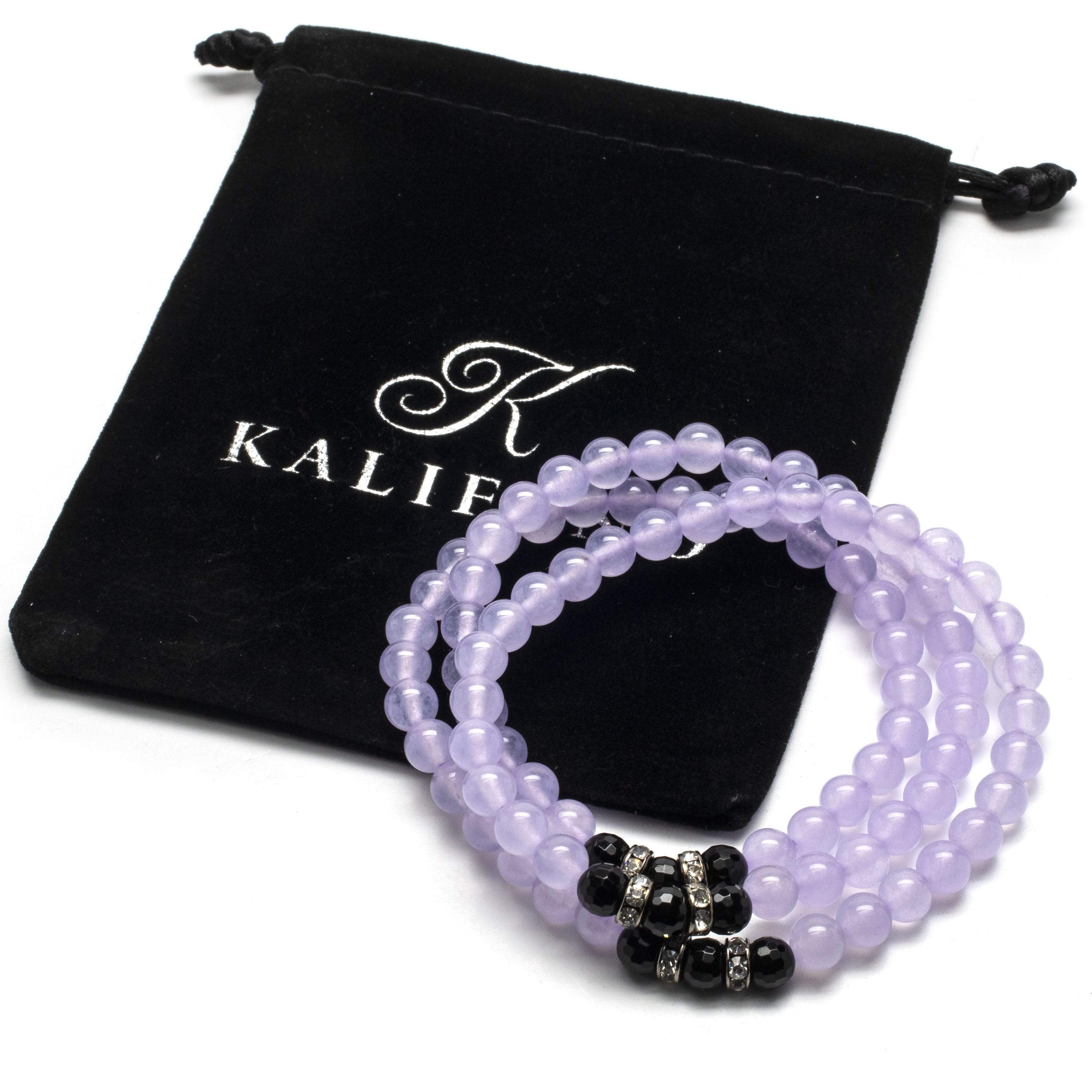 Kalifano Gemstone Bracelets Purple Agate 6mm Beads with Black Agate and Crystal Accent Beads Triple Wrap Elastic Gemstone Bracelet WHITE-BGI3-027