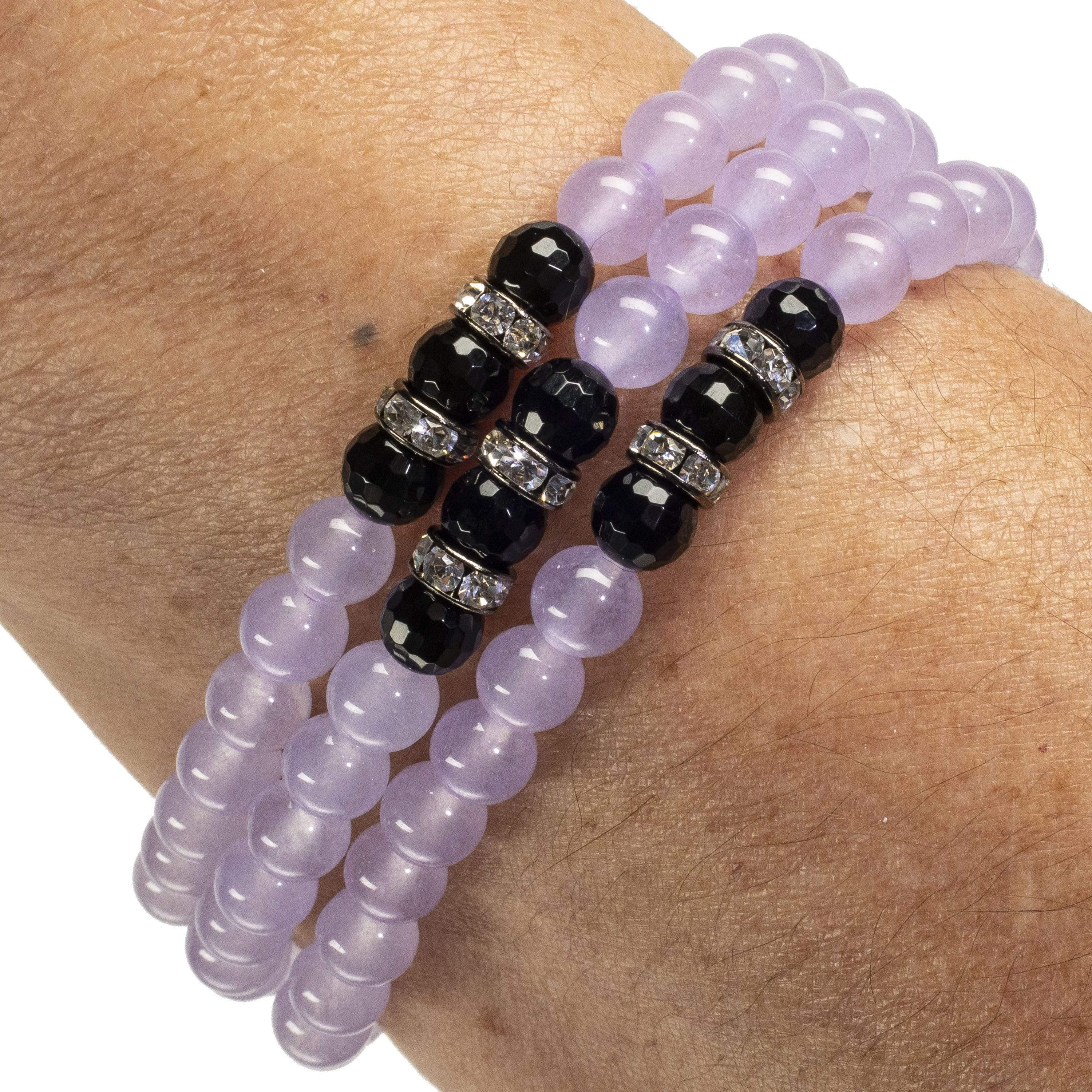 Kalifano Gemstone Bracelets Purple Agate 6mm Beads with Black Agate and Crystal Accent Beads Triple Wrap Elastic Gemstone Bracelet WHITE-BGI3-027