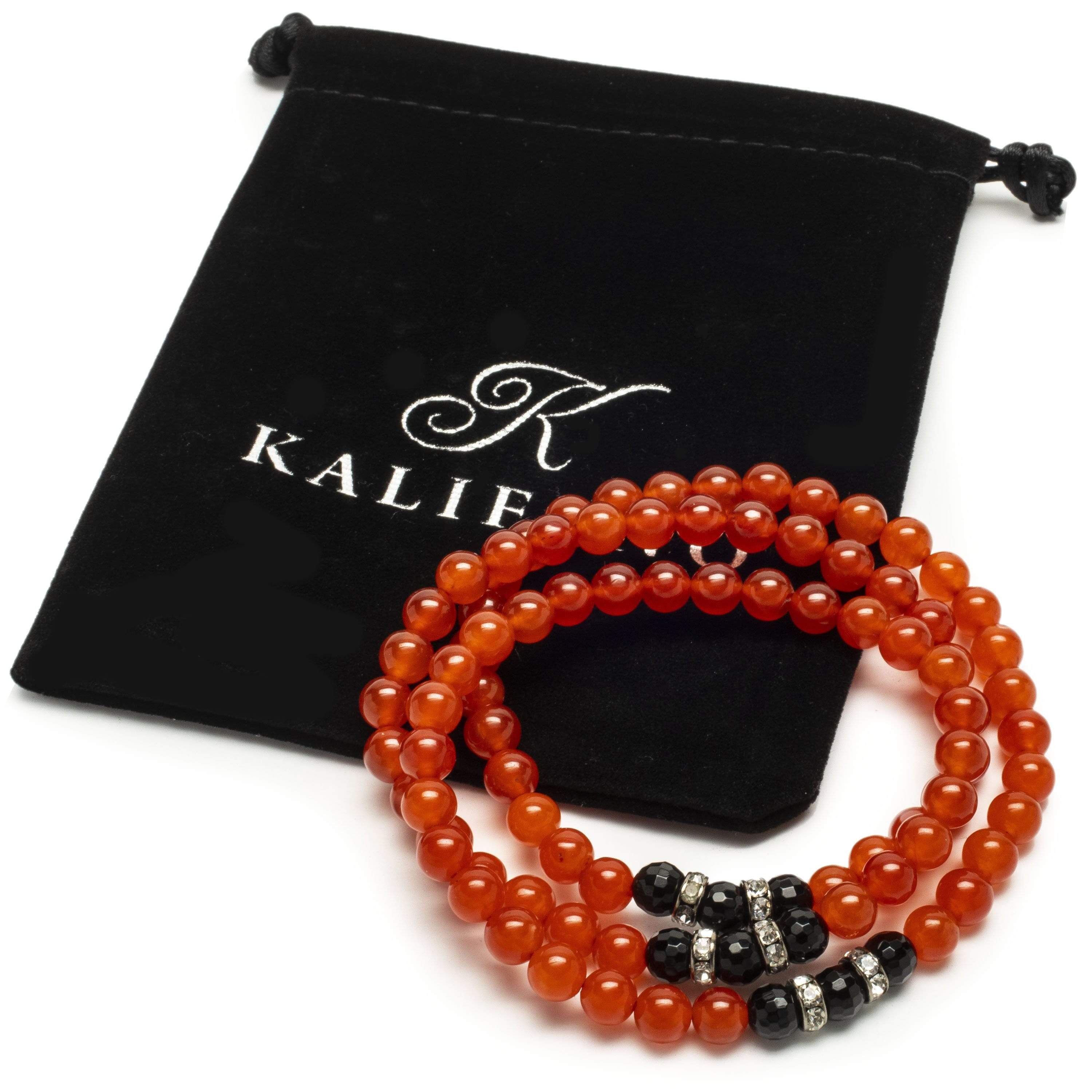 Kalifano Gemstone Bracelets Red Agate 6mm Beads with Black Agate and Silver Crystal Accent Beads Triple Wrap Elastic Gemstone Bracelet WHITE-BGI3-061