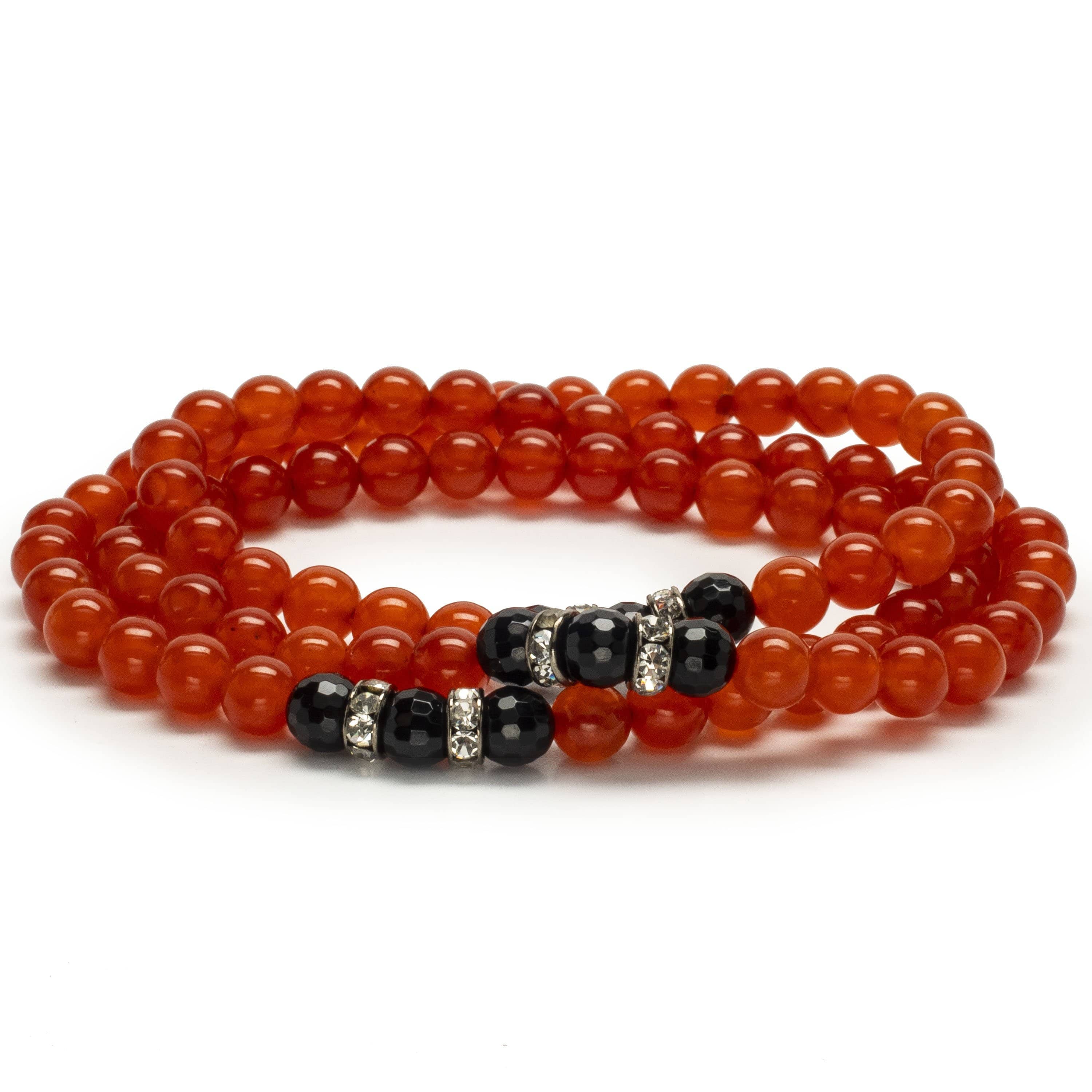 Kalifano Gemstone Bracelets Red Agate 6mm Beads with Black Agate and Silver Crystal Accent Beads Triple Wrap Elastic Gemstone Bracelet WHITE-BGI3-061