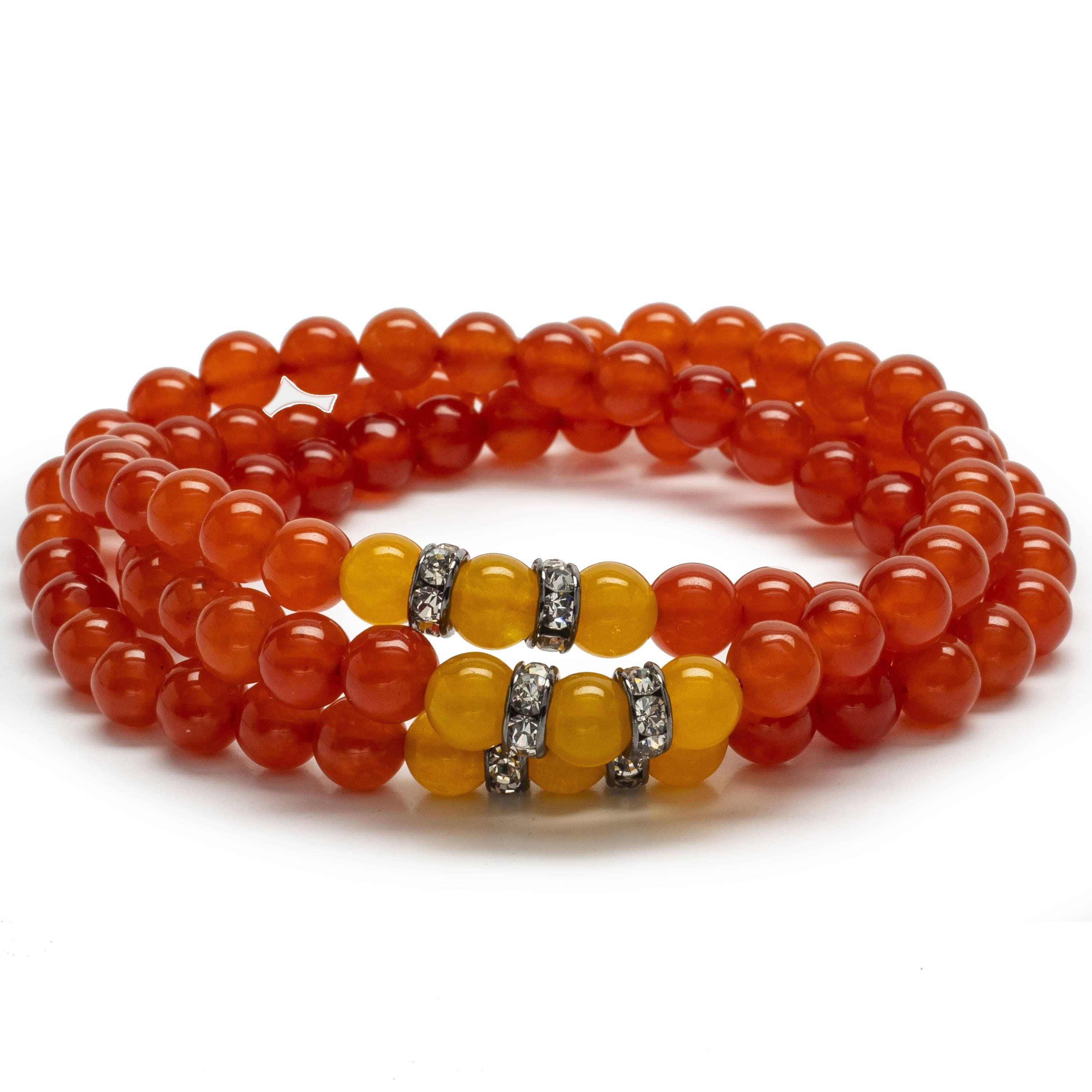 Kalifano Gemstone Bracelets Red Agate 6mm Beads with Yellow Agate and Silver Crystal Accent Beads Triple Wrap Elastic Gemstone Bracelet WHITE-BGI3-062