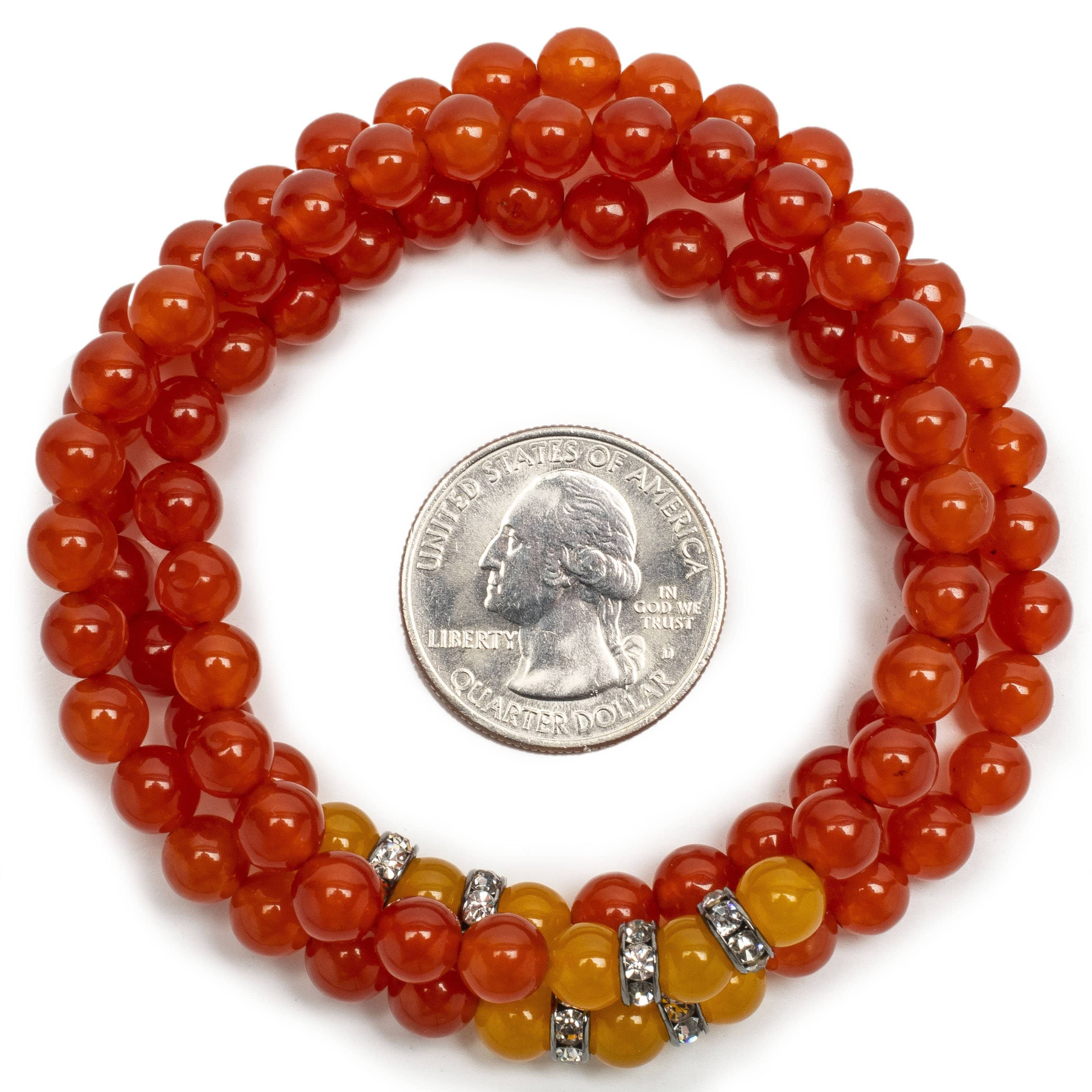 Kalifano Gemstone Bracelets Red Agate 6mm Beads with Yellow Agate and Silver Crystal Accent Beads Triple Wrap Elastic Gemstone Bracelet WHITE-BGI3-062