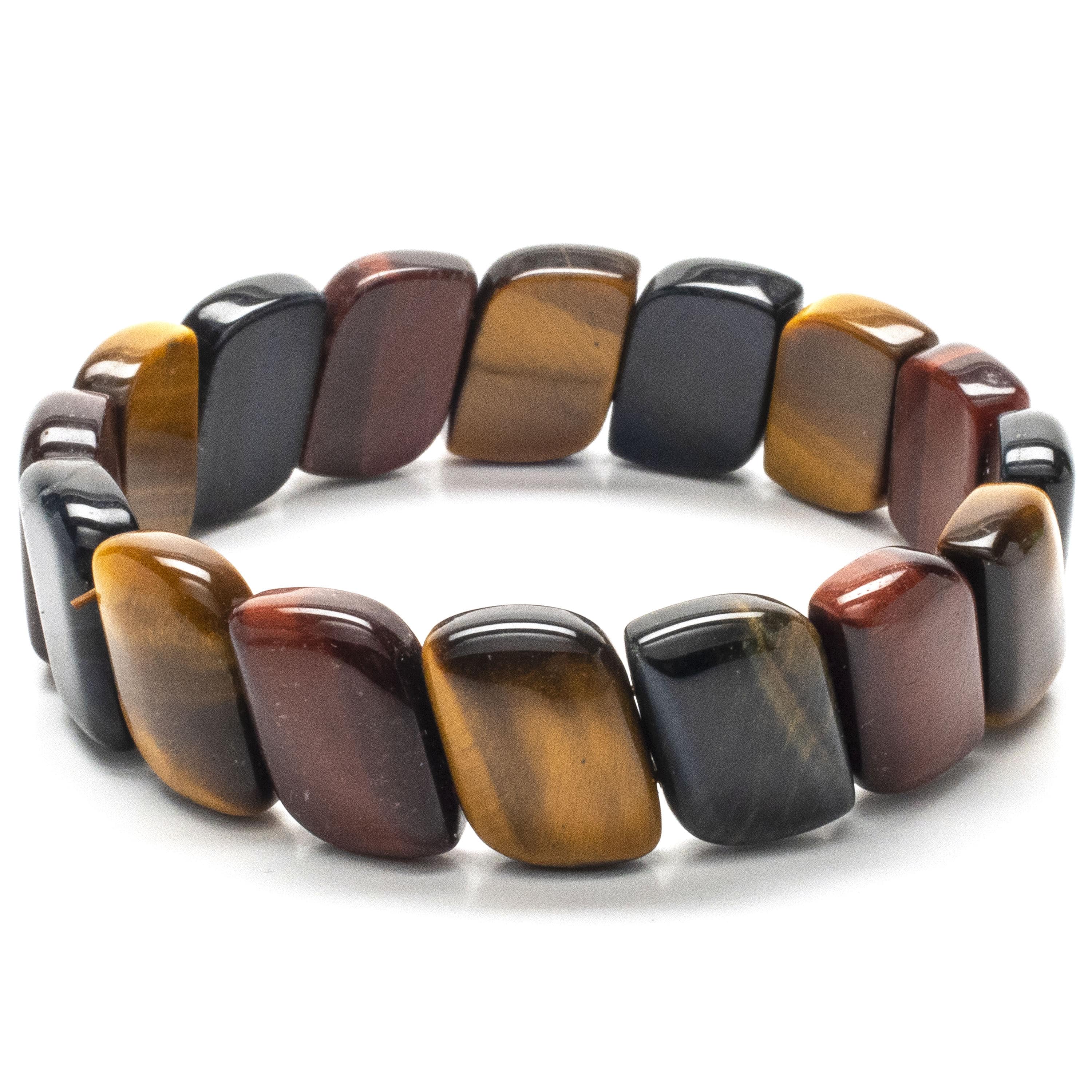 Kalifano Gemstone Bracelets Red, Blue, and Yellow Tiger Eye Diagonal Gemstone Elastic Bracelet WHITE-BGP-039