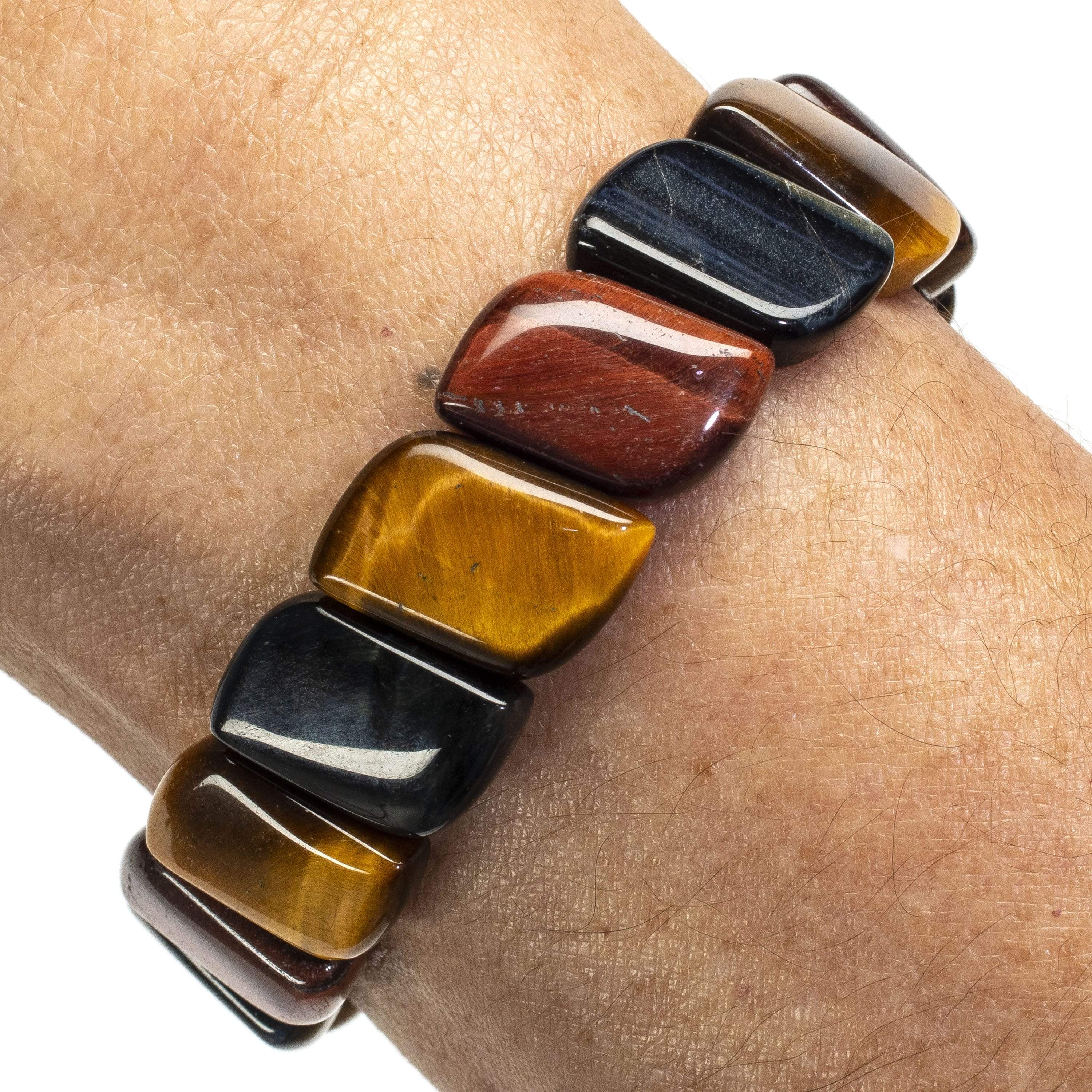 Kalifano Gemstone Bracelets Red, Blue, and Yellow Tiger Eye Diagonal Gemstone Elastic Bracelet WHITE-BGP-039