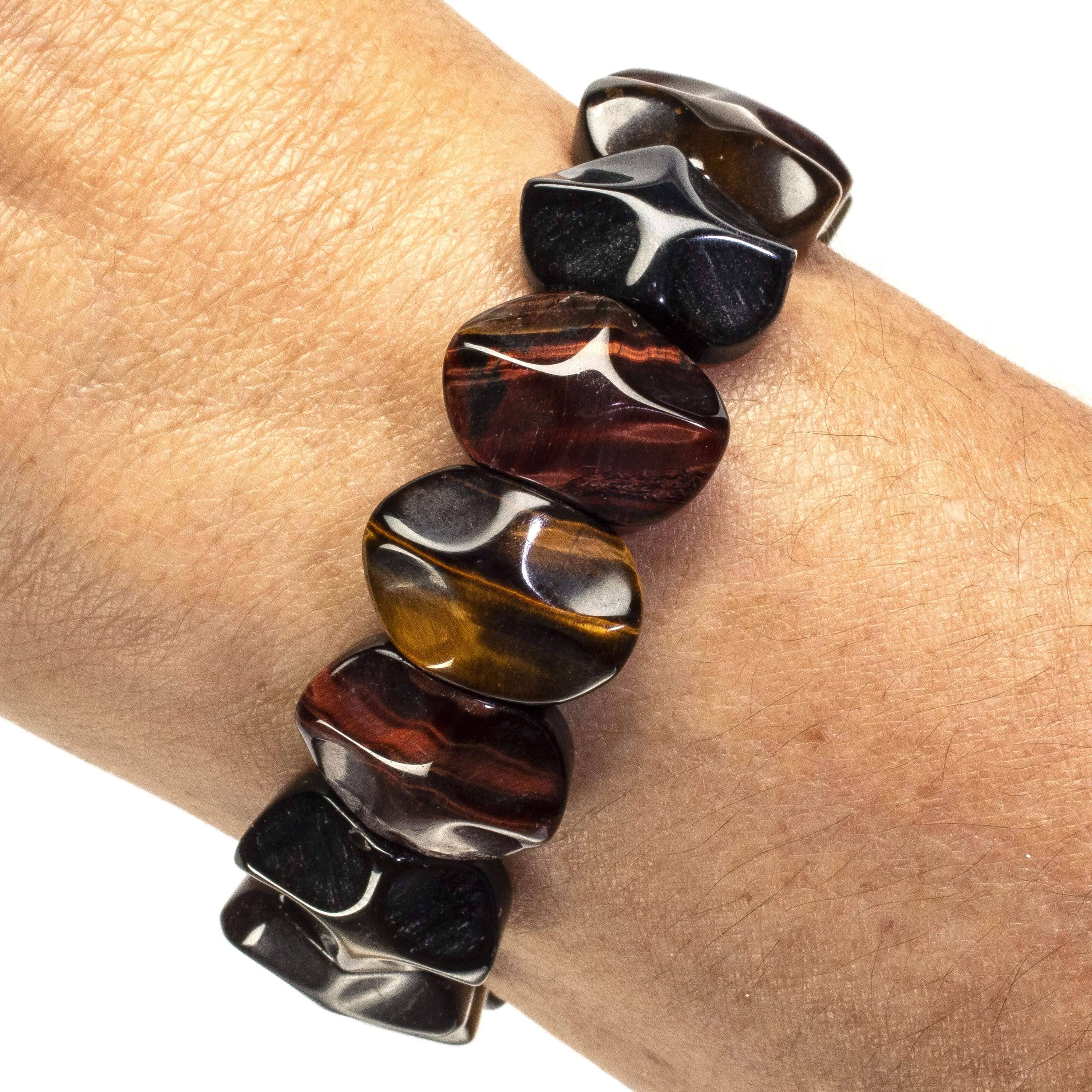 Kalifano Gemstone Bracelets Red, Blue, and Yellow Tiger Eye Gemstone Elastic Bracelet WHITE-BGP-044