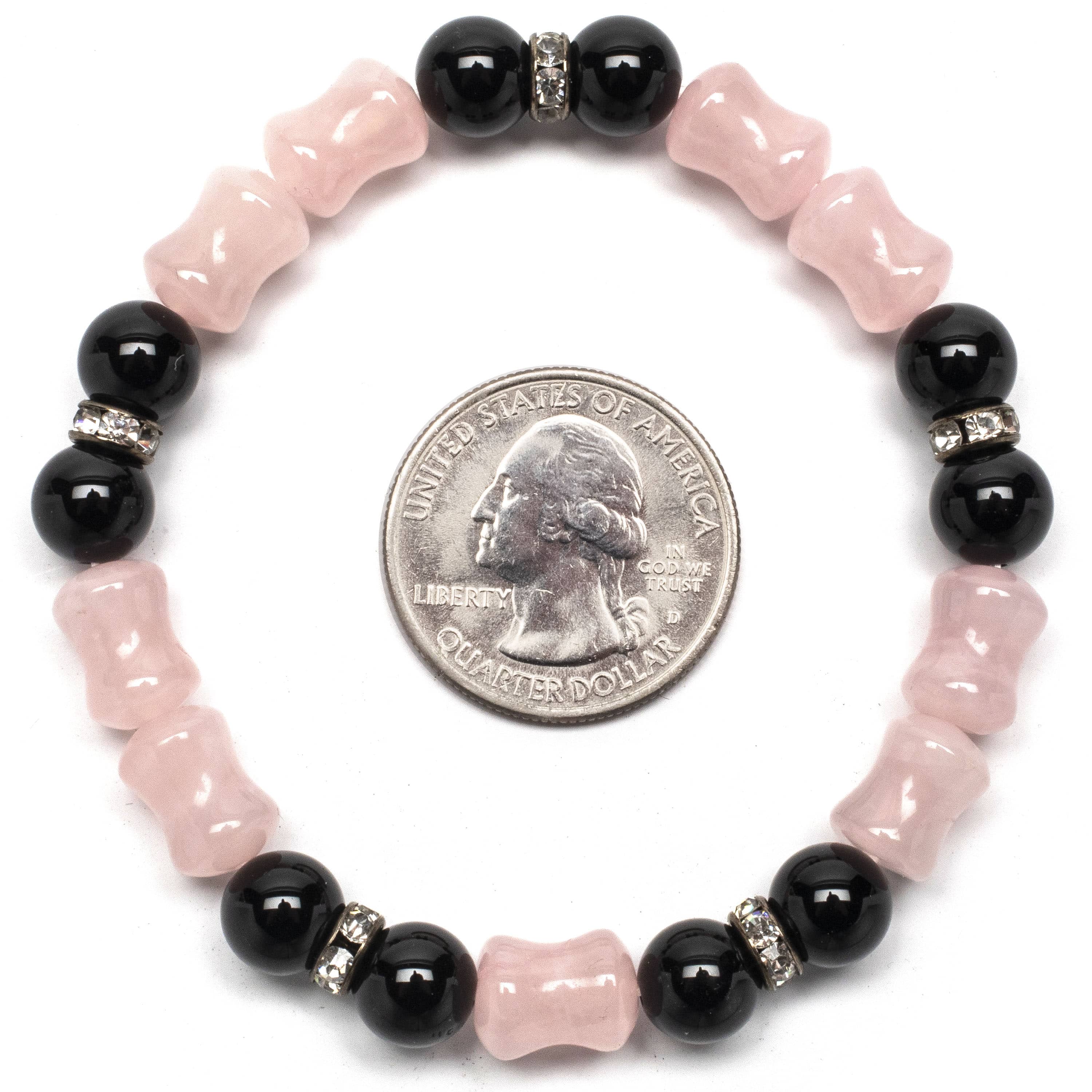 Kalifano Gemstone Bracelets Rose Quartz and Black Agate Crystal Accent Beads Gemstone Elastic Bracelet WHITE-BGP-033