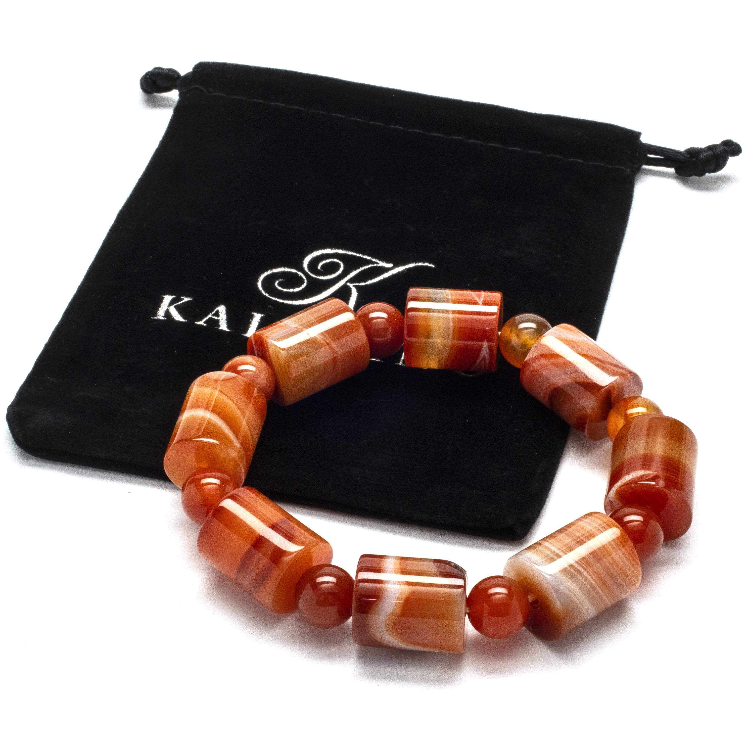 Kalifano Gemstone Bracelets Round and Cylindrical Carnelian Gemstone Elastic Bracelet WHITE-BGP-020