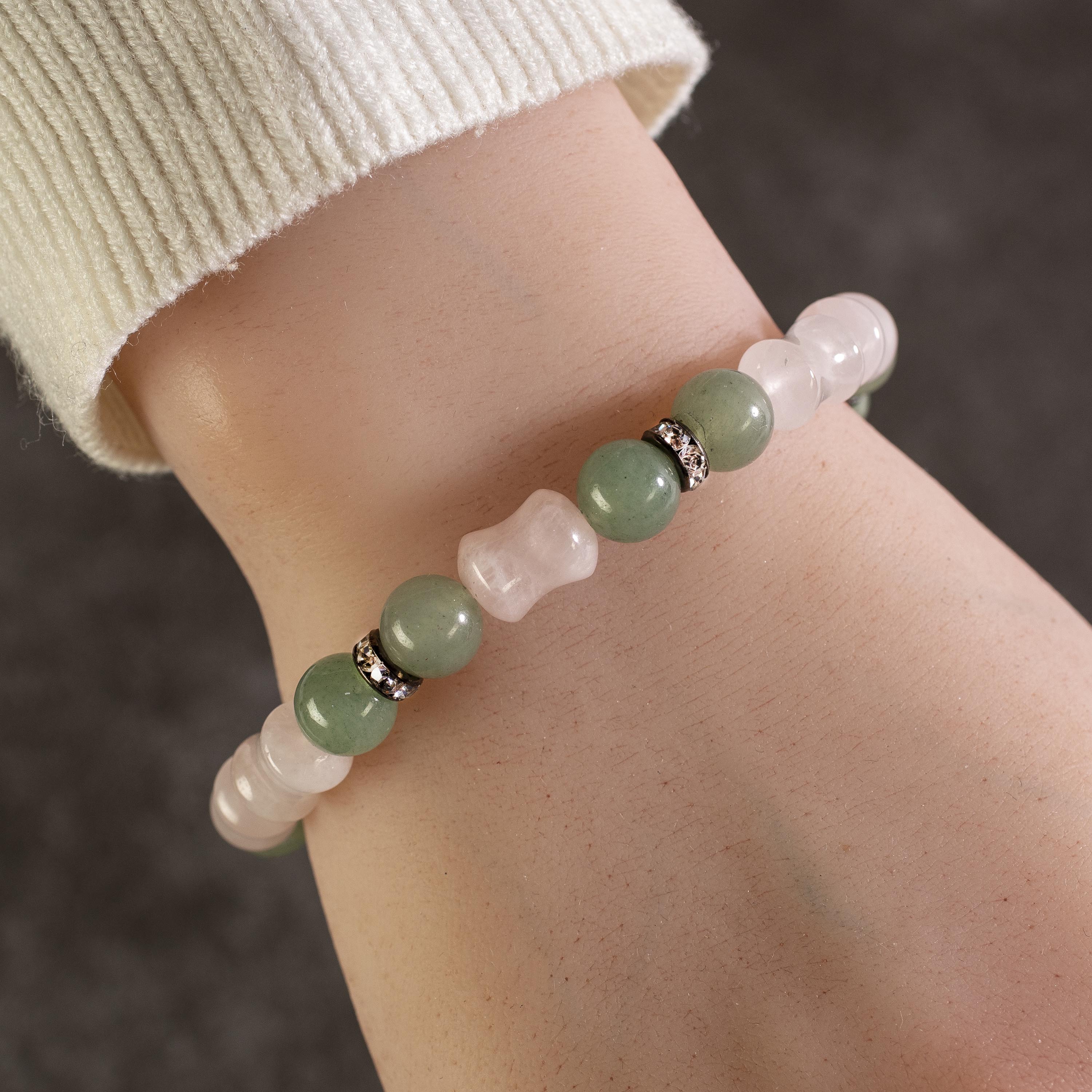 Kalifano Gemstone Bracelets Round Aventurine and Hourglass Rose Quartz Gemstone Elastic Bracelet with Crystal Accent Beads WHITE-BGP-015