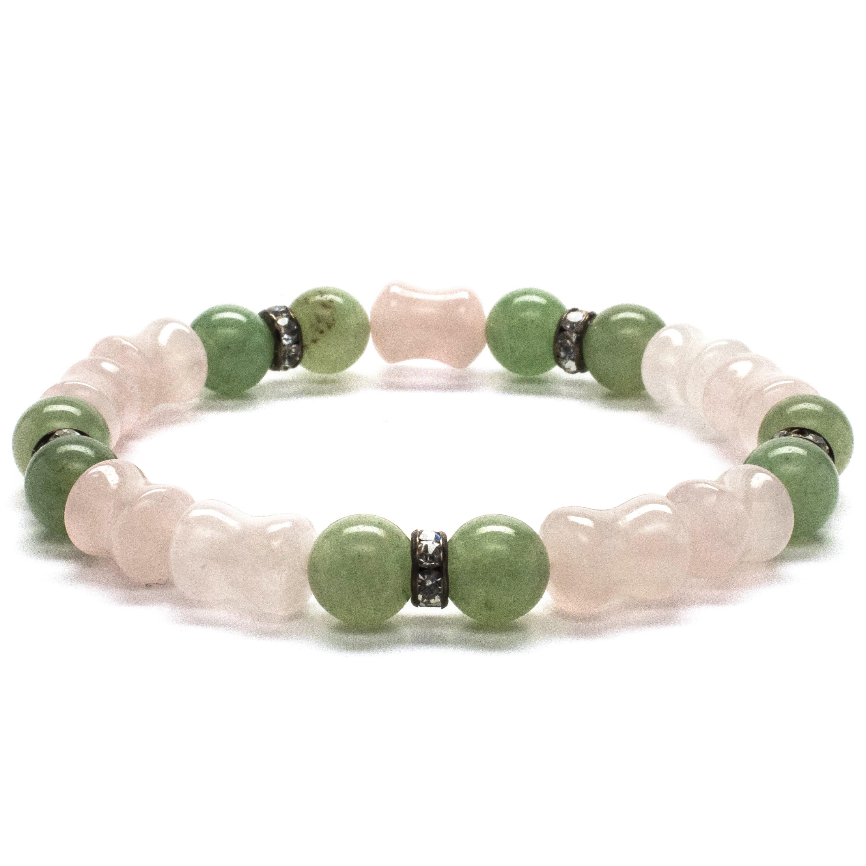 Kalifano Gemstone Bracelets Round Aventurine and Hourglass Rose Quartz Gemstone Elastic Braceletwith Crystal Accent Beads WHITE-BGP-015