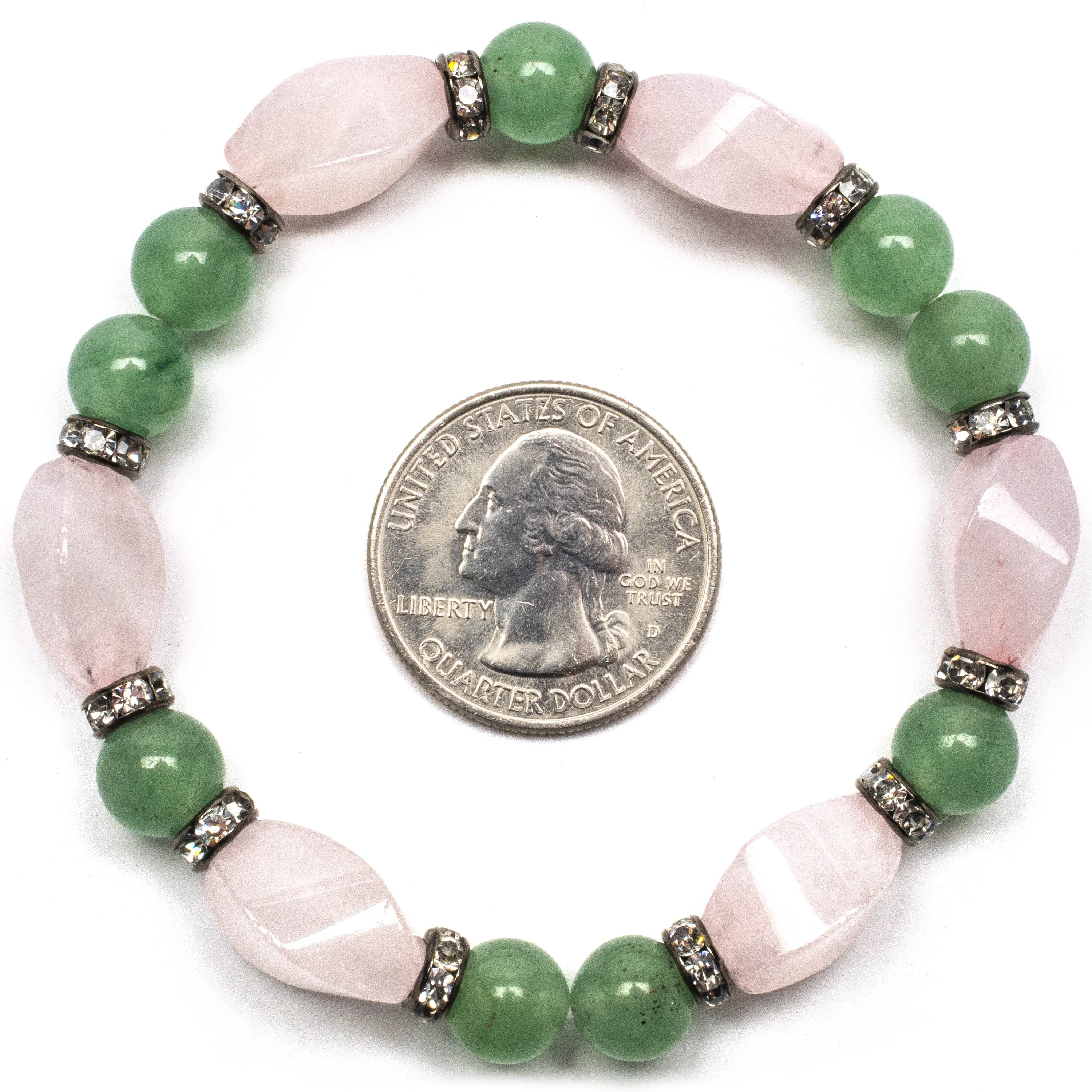 Kalifano Gemstone Bracelets Round Aventurine and Rose Quartz Gemstone Elastic Braceletwith Crystal Accent Beads WHITE-BGP-013