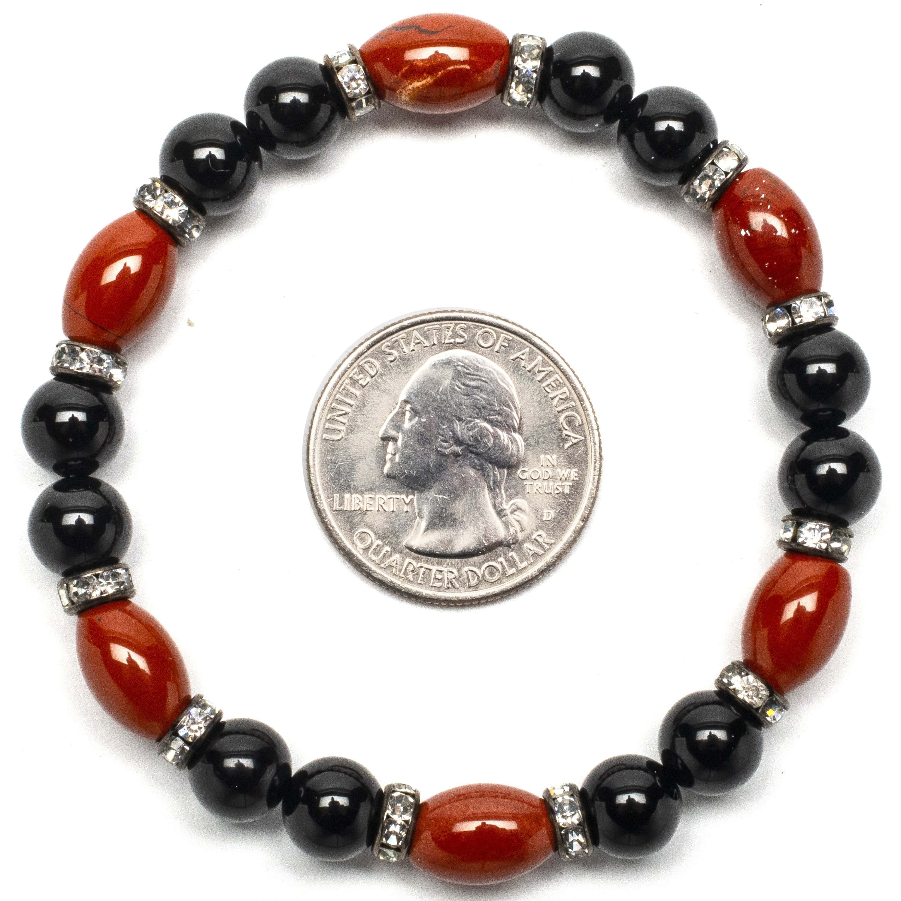 Kalifano Gemstone Bracelets Round Black Agate and Oval Carnelian Gemstone Bead Elastic Braceletwith Crystal Accent Beads WHITE-BGP-024