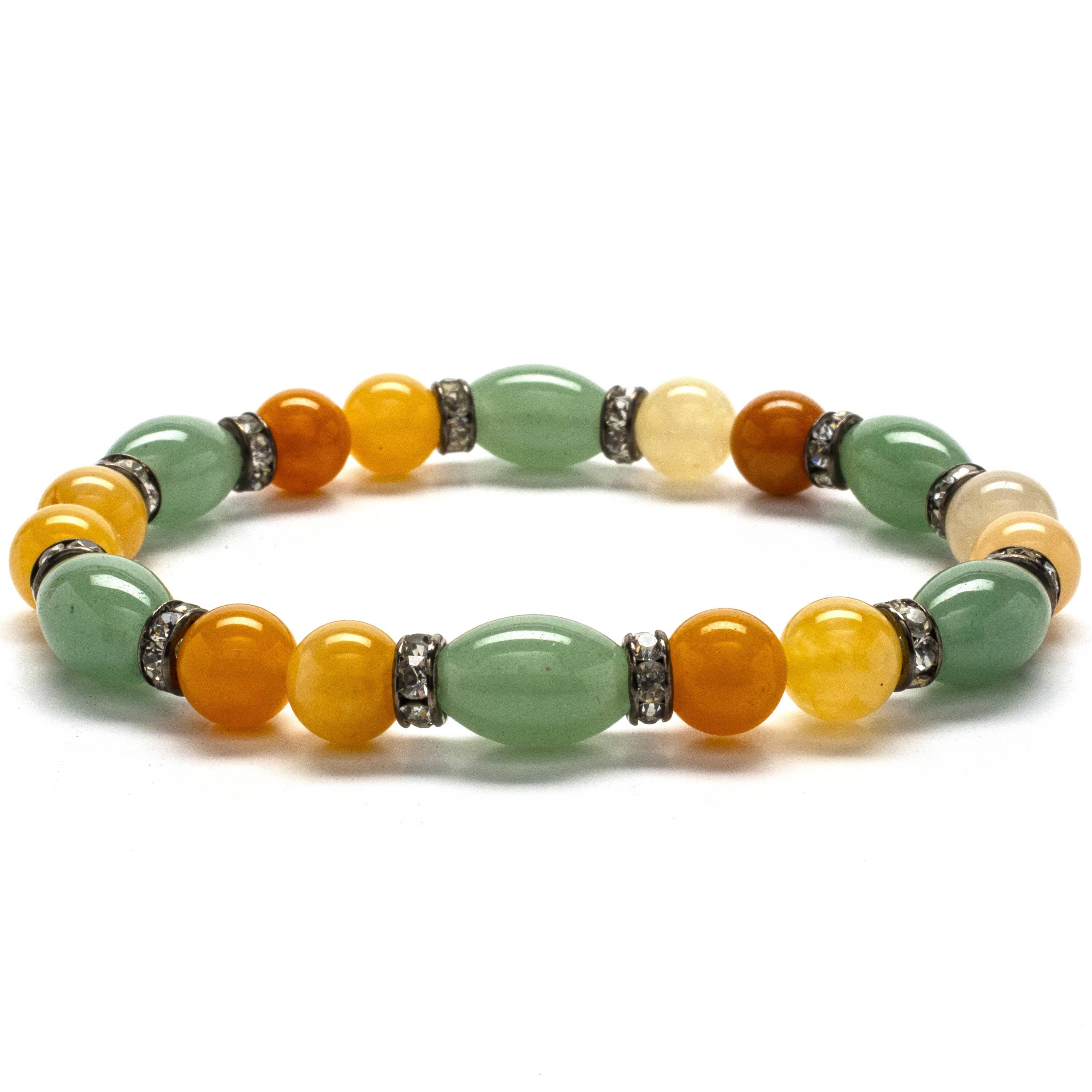 Kalifano Gemstone Bracelets Round Butter Jade and Oval Aventurine Gemstone Bead Elastic Braceletwith Crytal Accent Beads WHITE-BGP-011