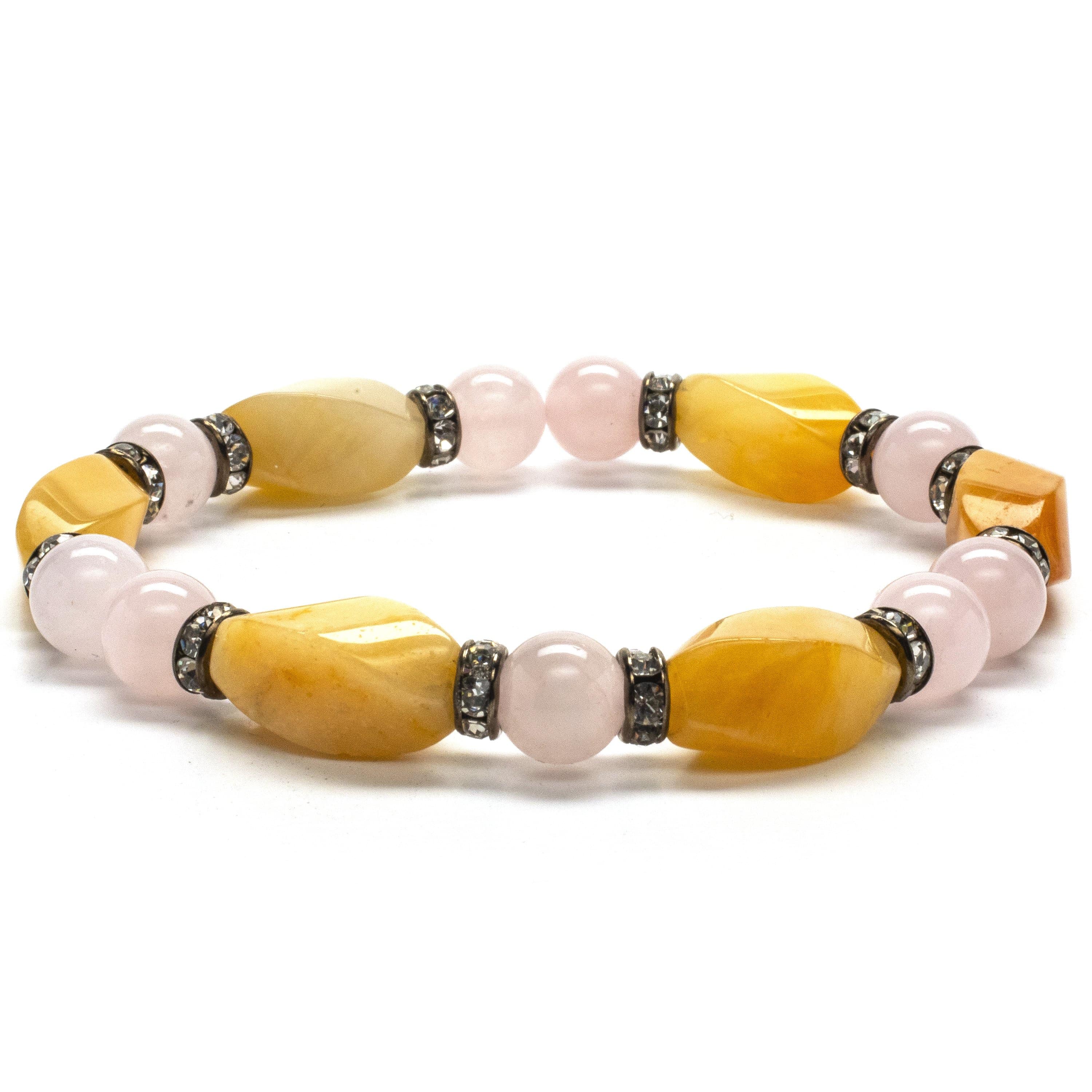 Kalifano Gemstone Bracelets Round Rose Quartz and Butter Jade Gemstone Elastic Braceletwith Crystal Accent Beads WHITE-BGP-016