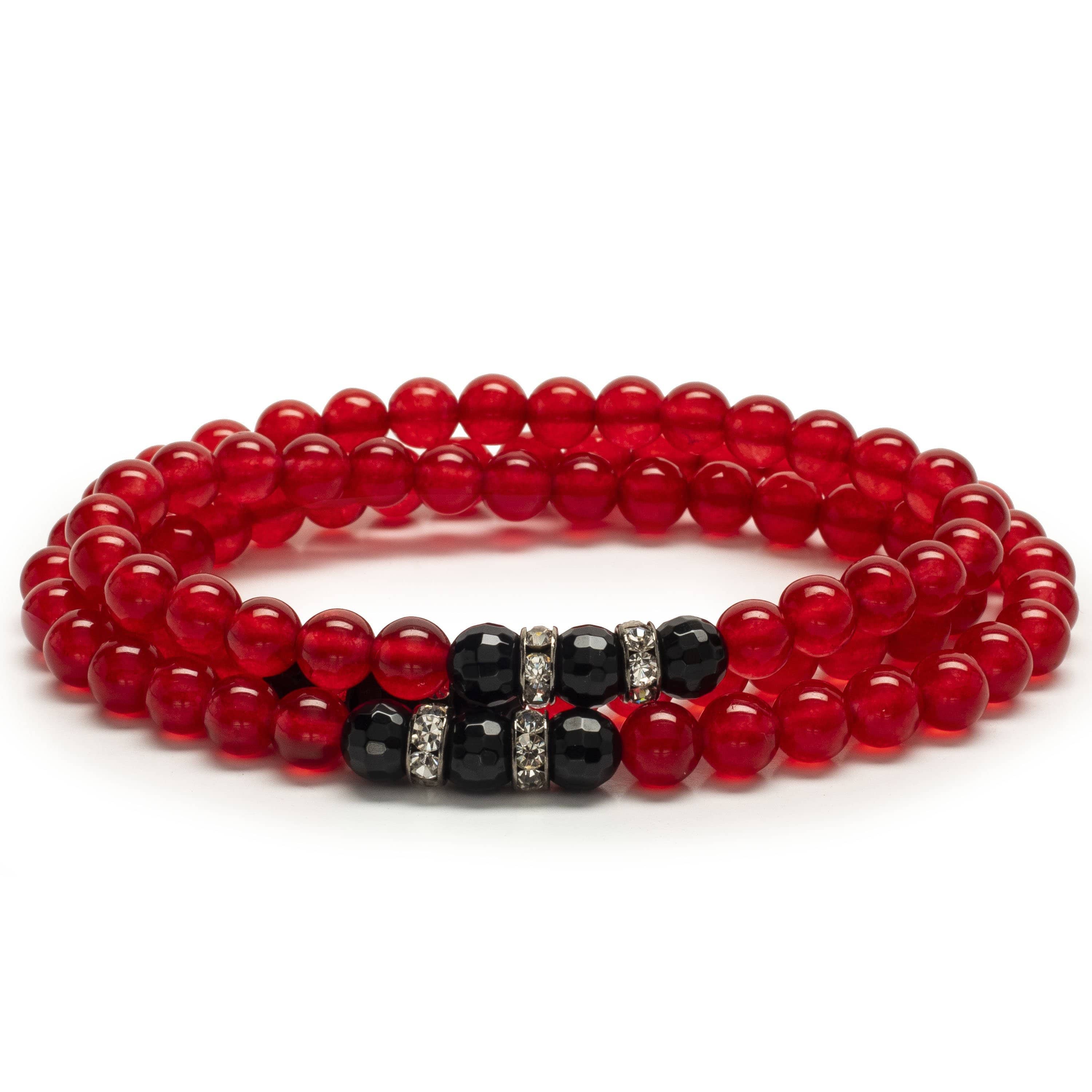 Kalifano Gemstone Bracelets Strawberry Agate 6mm Beads with Black Agate Crystal Accent Beads Triple Wrap Elastic Gemstone Bracelet WHITE-BGI3-028