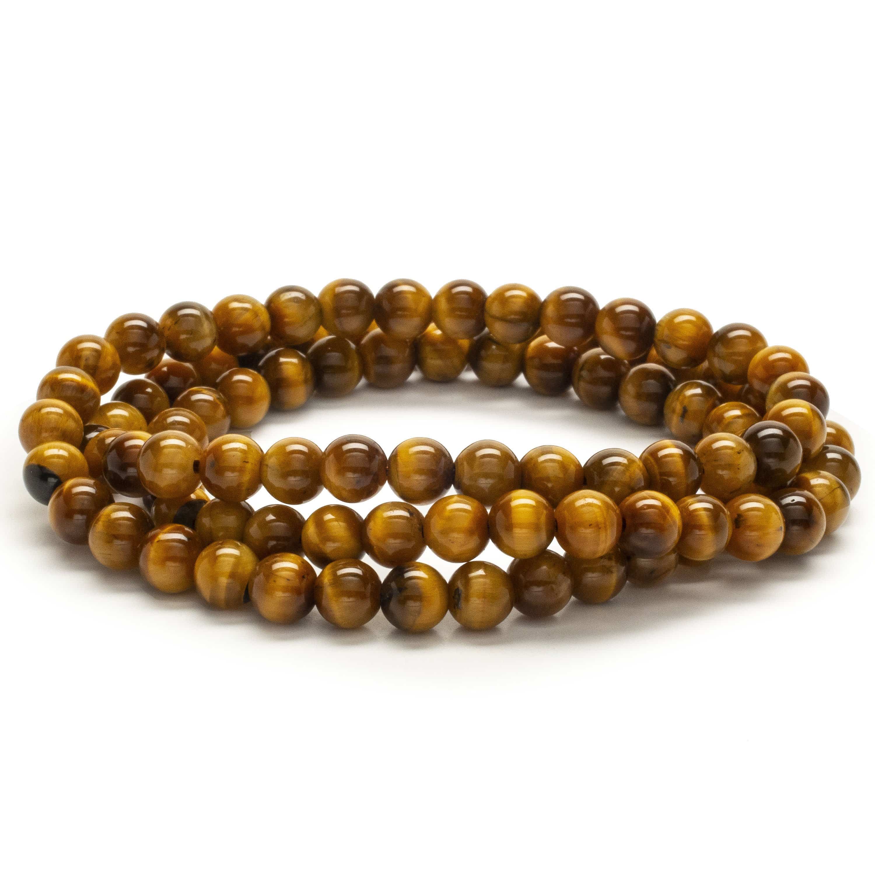 Kalifano Gemstone Bracelets Tiger Eye 6mm Gemstone Bead Triple Wrap Elastic Bracelet WHITE-BGI3-002