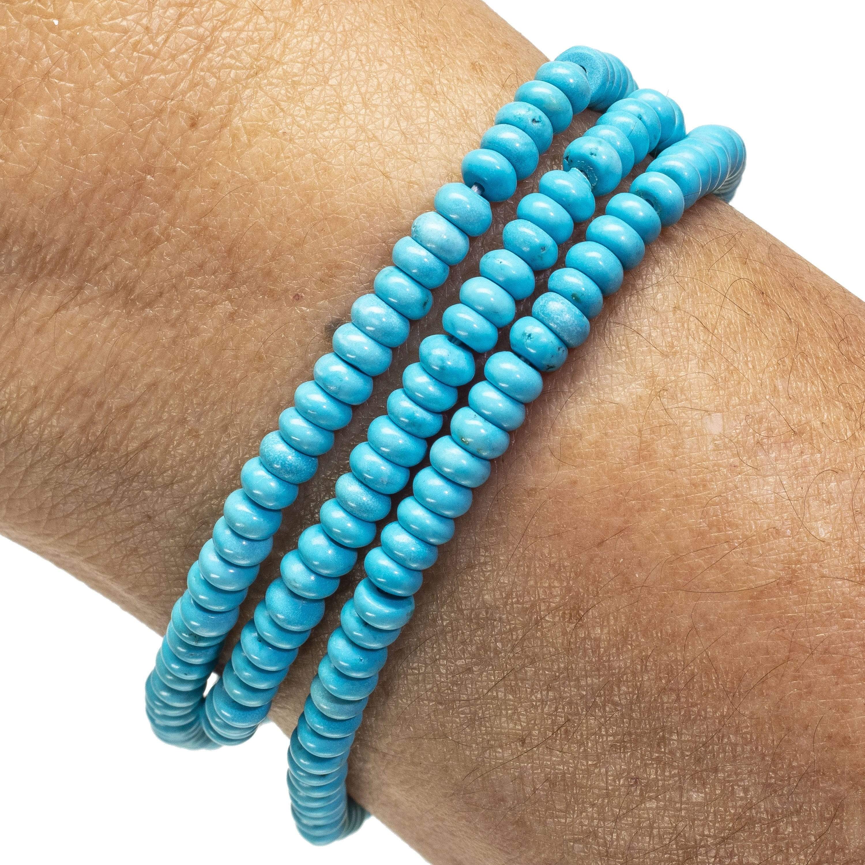 Kalifano Gemstone Bracelets Turquoise Disc Gemstone Triple Wrap Elastic Bracelet WHITE-BGI3-005