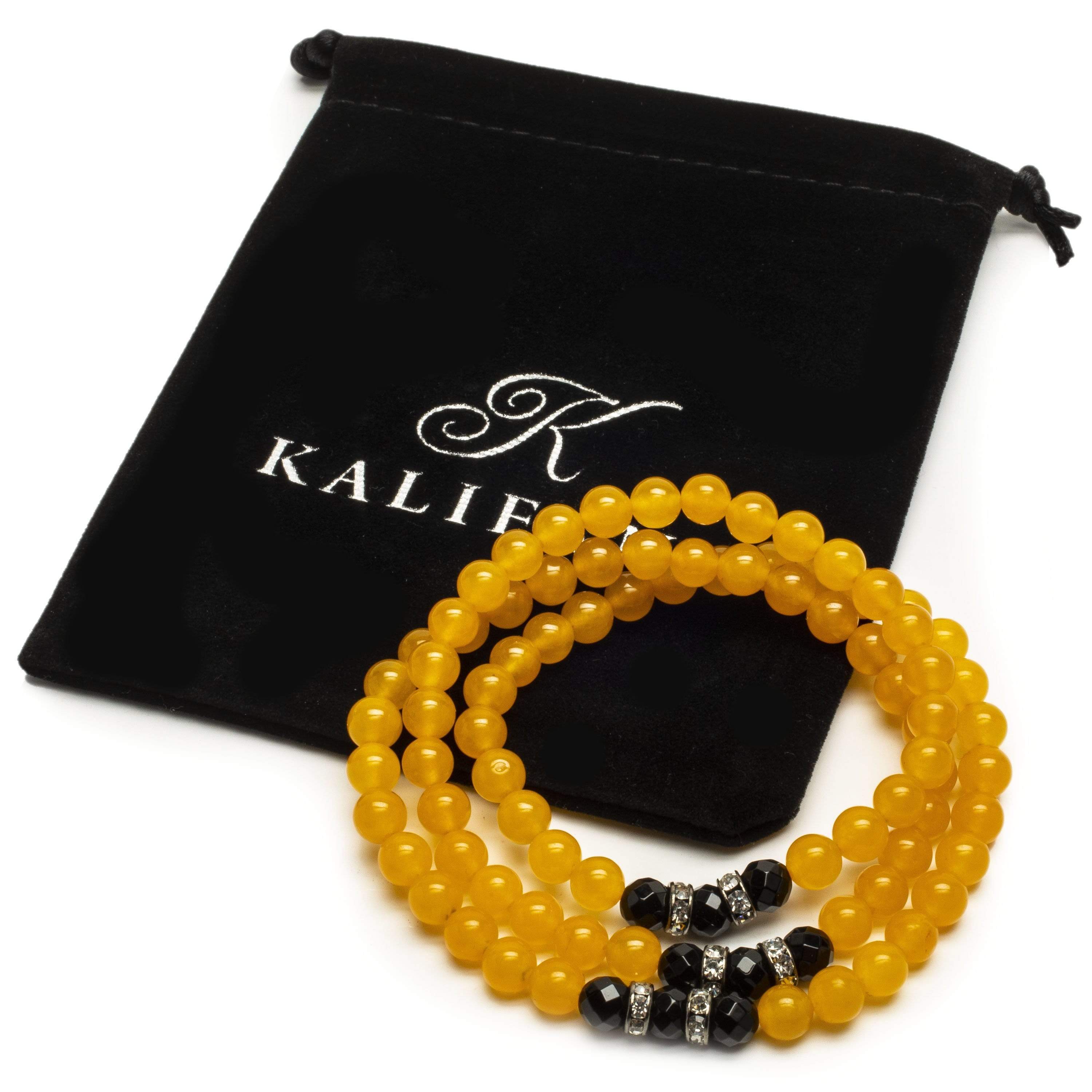 Kalifano Gemstone Bracelets Yellow Agate 6mm Beads with Black Agate and Silver Crystal Accent Beads Triple Wrap Elastic Gemstone Bracelet WHITE-BGI3-065