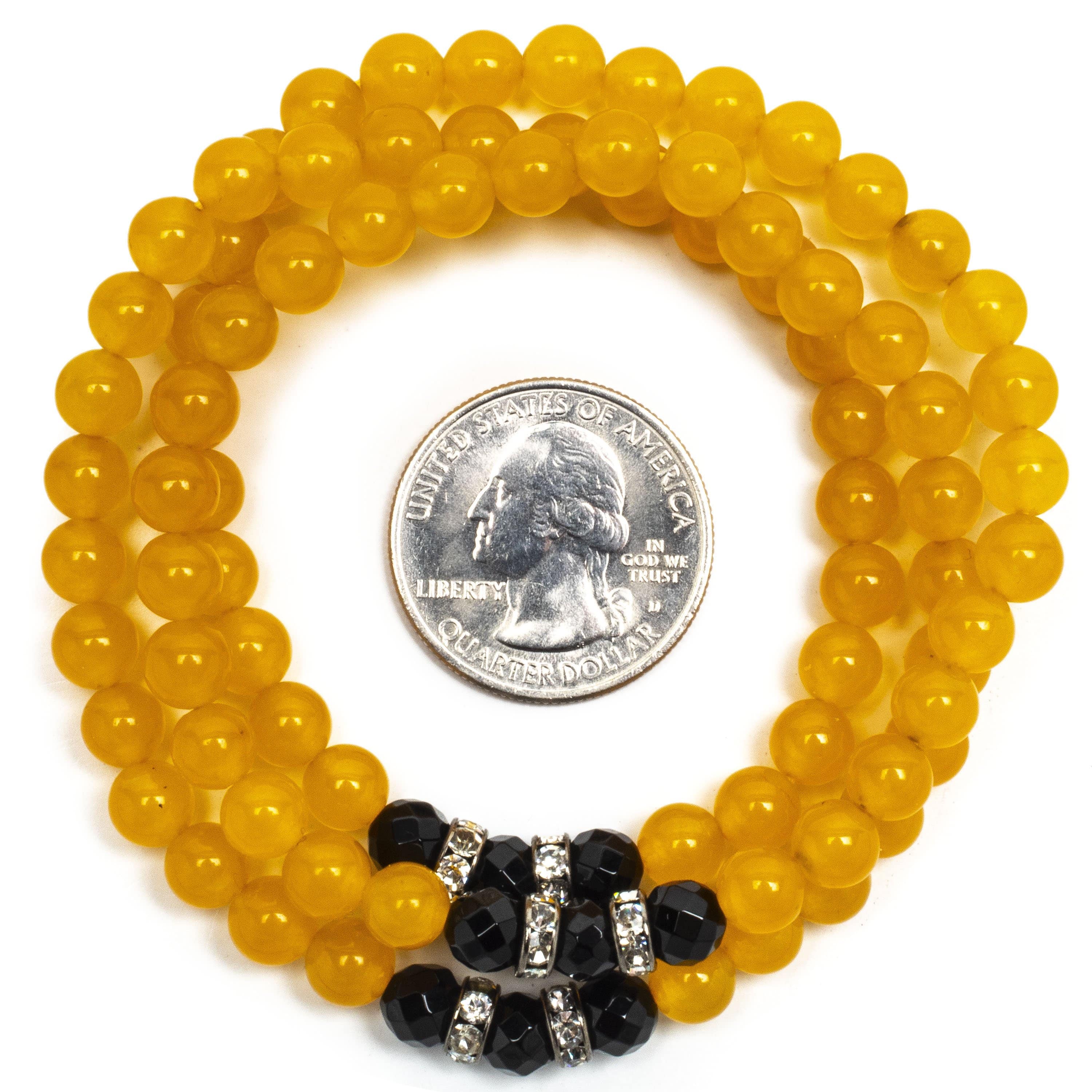 Kalifano Gemstone Bracelets Yellow Agate 6mm Beads with Black Agate and Silver Crystal Accent Beads Triple Wrap Elastic Gemstone Bracelet WHITE-BGI3-065