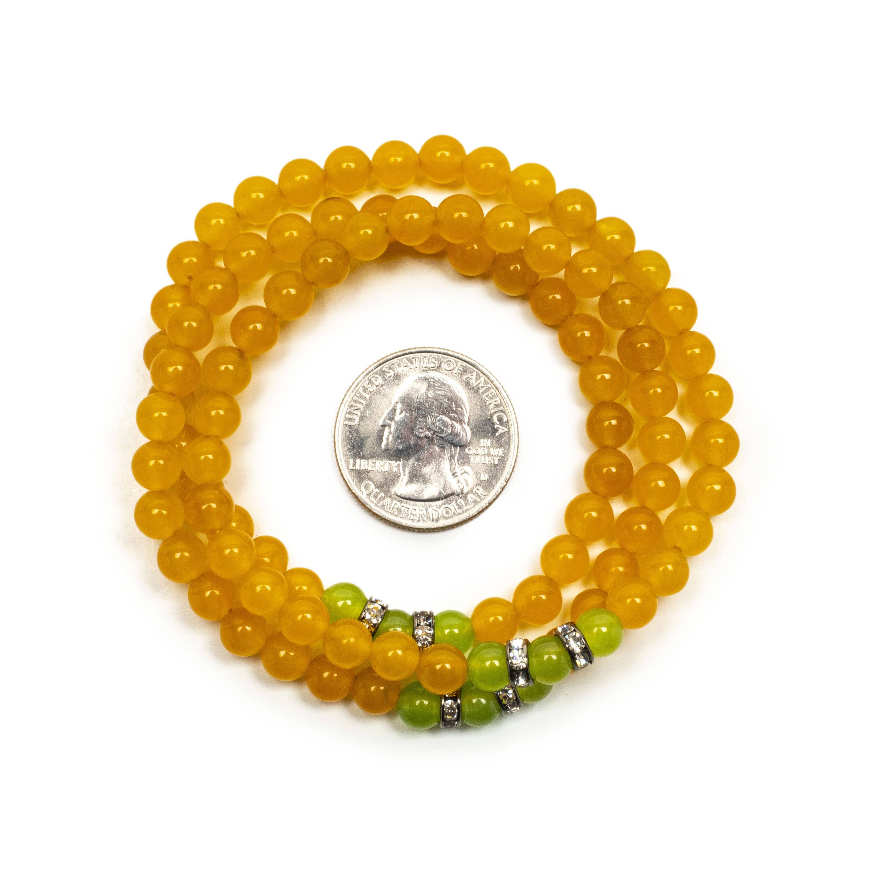 Kalifano Gemstone Bracelets Yellow Agate 6mm Beads with Green Agate and Silver Crystal Accent Beads Triple Wrap Elastic Gemstone Bracelet WHITE-BGI3-064