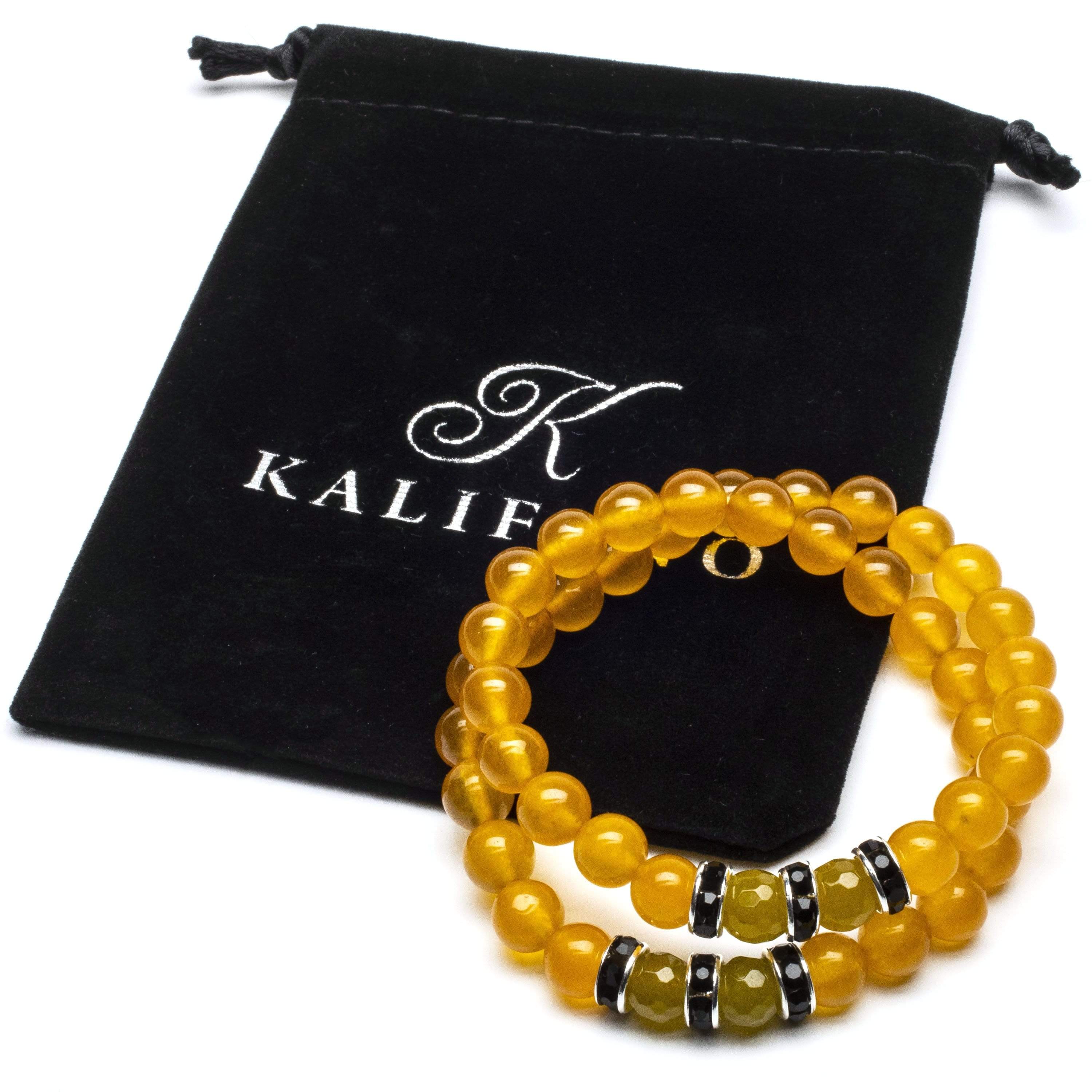 Kalifano Gemstone Bracelets Yellow Agate 8mm Beads with Green Agate and Black and Silver Accent Beads Double Wrap Elastic Gemstone Bracelet WHITE-BGI2-027