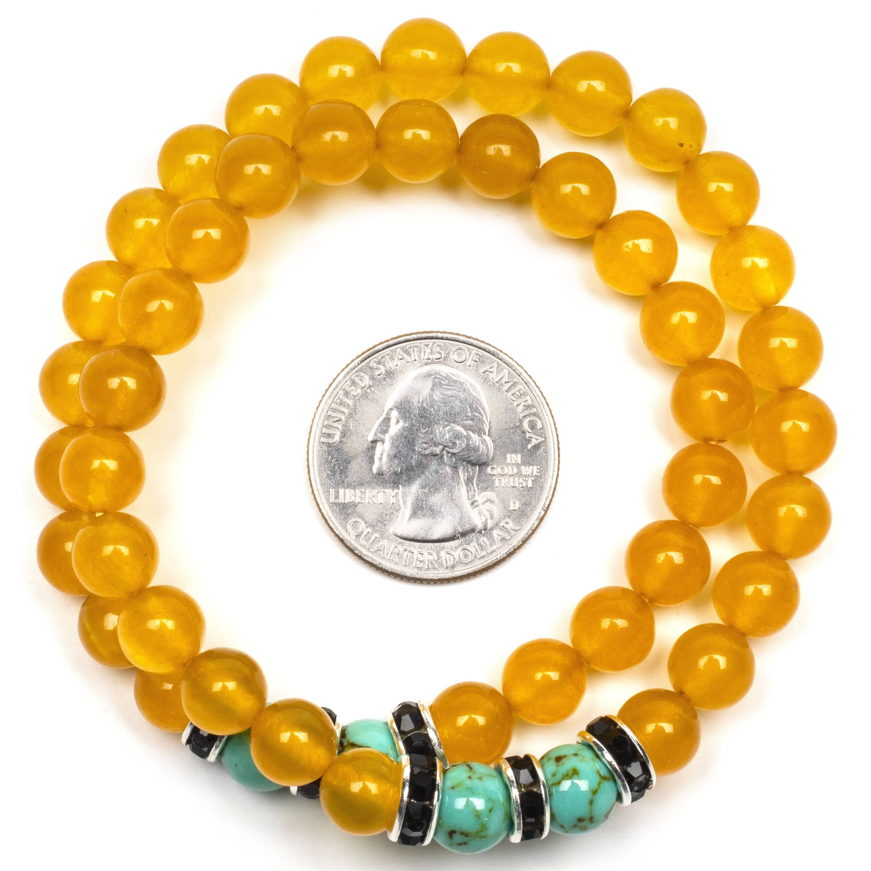 Kalifano Gemstone Bracelets Yellow Agate 8mm Beads with Howlite Turquoise and Black and Silver Accent Beads Double Wrap Elastic Gemstone Bracelet WHITE-BGI2-029